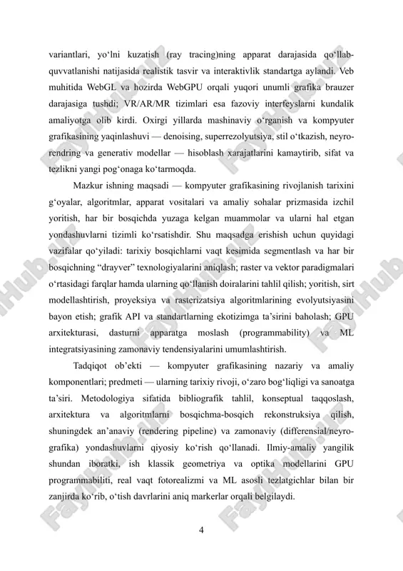 lanish davri — displey texnologiyalari, interaktiv interfeyslar va geometrik transformatsiyalar nazariyasi — yoritiladi. ikkinchi bob 1975–2000 oralig‘idagi industriyalashuv bosqichiga bag‘ishlanib, rasterlash, soyalanish, sirt modellarining rivoji va grafik apilarning standartlashuvini tahlil qiladi. uchinchi bob 2000-yildan hozirgacha bo‘lgan zamonaviy davrni qamrab olib, gpu programmabiliti, fizikaga asoslangan tasvirlash, real vaqt ray tracing, veb-grafika hamda ml integratsiyasi kabi tendensiyalarni umumlashtiradi. shu tariqa ish kompyuter grafikasining tarixiy trayektoriyasini uzviy mantiqda, texnik va konseptual uzilishlar hamda uzluksizliklar kontekstida bayon qiladi. i bob. kompyuter grafikasining shakllanishi va nazariy poydevori (1950–1975) 1.1. analog–raqamli burilish. katod-nurlanish trubkasi (crt), vektor displeylar va kadr buferining paydo bo‘lishi, chiziqli skanerlash g‘oyalari. analog–raqamli burilish kompyuter grafikasining shakllanishida hal qiluvchi bosqich bo‘lib, tasvirni uzluksiz analog signallar orqali boshqarishdan raqamli, diskret piksel va koordinatalar bilan ifodalashga o‘tishni anglatadi. bu jarayon dastlab fizik qurilmalar darajasida — katod-nurlanish trubkalari, vektor rejimidagi displeylar va televizion texnologiyadan meros raster skanerlash g‘oyalari — bilan bog‘liq holda pishib yetildi. erta tizimlarda …