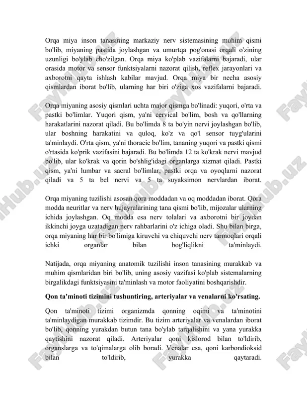 orqa miyaning nerv hujayralari - bu asab tizimining muhim tarkibiy qismlari bo'lib, ular inson va boshqa umurtqali hayvonlar organizmida harakat va sezgi funksiyalarini bajarish uchun mas'uldir. orqa miyada uch xil turdagi nerv hujayralari mavjud: motor hujayralar, sensor hujayralar va interneyronlar. har bir turdagi hujayra o'ziga xos vazifalari va funktsiyalari bilan ajralib turadi. motor hujayralar - bu harakatni boshqarish uchun mas'ul hujayralardir. ular orqa miyaning old qismida joylashgan bo'lib, mushaklar va boshqa organlarga tashqi harakat buyruqlarini yuboradi. bu hujayralar motor nervlarini tashkil etadi va mushak foydasi orqali harakatlarni amalga oshiradi. masalan, qo'lni ko'tarish, yurish yoki yugurish kabi harakatlar motor hujayralarining faoliyati bilan sodir bo'ladi. sensor hujayralar esa, tashqi muhitdan kelgan ma’lumotlarni qabul qiluvchi hujayralardir. ular orqa miyaning orqa qismida joylashgan bo'lib, teri, mushaklar, va ichki organlardan signal olishadi. sensor hujayralar to'g'ridan-to'g'ri asab impulslariga aylantiradigan maxsus qabul qiluvchilarga ega. ushbu hujayralar og'riq, qattiqlik, harorat va boshqa sezgilarni qabul qilib, bevosita miyada qabul …