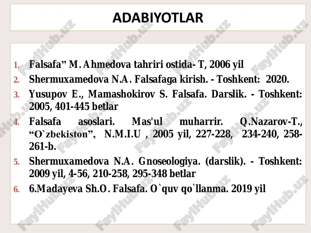 erish, yangi kashfiyotlar, iqtisodiyotning rivojlanishi va insonning tabiat ustidan hukmronlik qilishga ko`maklashish. shunga ko`ra bekon tomonidan aforizm lgari suriladiki, uning barcha falsafiy qarashlarini qisqagina ifodalab berdi: “bilim –bu kuchdir” idollar (unsur) – insonga (insoniyatga) haqiqiy bilimga erishishga to`sqinlik qiladilar urug idollari- inson zotiga, butun odamlarga xosdir. masalan bekon shunday deydi;: “insonning aqli qiyshiq ko`zguga o`xshaydi u narsalarning tabiati bilan o`z tabiatini aralashtirib yuborib, narsalarni qiyshiq ko`rsatadi ” urug` idoli- inson ajdodlari madaniyati orqali bilishning kechishi maydon idoli – ma`lum bo`lgan tasavvurlarga tayanish odati. nutq, tushunish apparatini: so`zlar, iboralar, tushunchalarni noaniq qo`llash g`or idoli - bu har bir odamning o`z spesifik xusussiyatlari natijasida yanglishishi. bu hamma narsani o`z nuqtai nazari bilan ifodalash, o`zning tor doirasi bilan olchash natijasida vujudga keladi teatr idollari- ular avtoritetlar fikriga ko`r-ko`rona ergashib, qadimgilarning falsafiy sistemalarini davom ettiraveradilar http://en.wikipedia.org/wiki/image:francis_bacon.jpg jon lokk j.lokk. sensualizm- ta`limotining asoschisi. sensualizm-bilish nazariyasida sezgilarni bilishning asosiy manbai deb e`tirof etuvchi yo`nalish:uninfg fikricha, bilish …