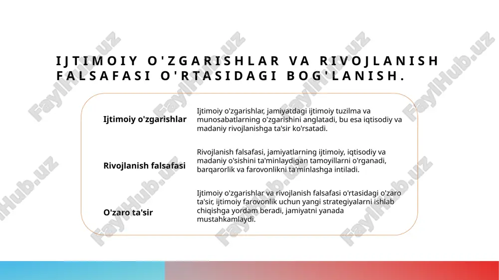 batlantirib, xalqaro miqyosda ijtimoiy va iqtisodiy taraqqiyotga xizmat qiladi. xulosa 1 rivojlanish falsafasi ahamiyati rivojlanish falsafasi, ijtimoiy va iqtisodiy o'zgarishlar, madaniyat va barqaror rivojlanish o'rtasidagi murakkab bog'lanishlarni o'rganadi. 2 barqaror o'sish tamoyillari barqaror o'sish, ijtimoiy farovonlikni ta'minlashda muhimdir. o'zbekistondagi iqtisodiy va madaniy o'zgarishlar bu jarayonni yanada kuchaytiradi. 3 madaniyatning roli o'zbek madaniyati global kontekstdagi ijtimoiy va iqtisodiy integratsiyani mustahkamlashda muhim ahamiyatga ega, bu esa rivojlanish uchun yangi imkoniyatlar yaratadi. e'tiboringiz uchun rahmat! /docprops/thumbnail.jpeg