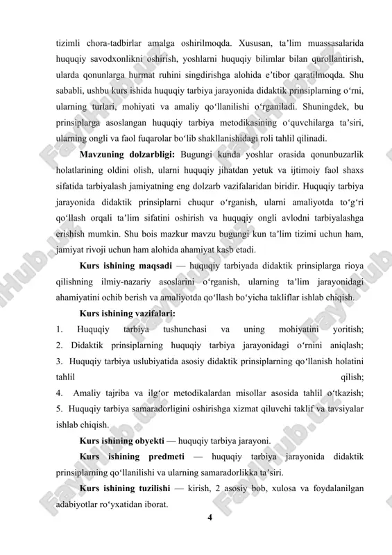 lat, hamda fuqarolik masʼuliyatini anglash ruhida tarbiyalashni maqsad qiladi. huquqiy tarbiyaning asosiy maqsadi – jamiyatda qonuniylikni taʼminlash, fuqarolarni oʻz huquq va burchlarini anglashga undashdir. bu jarayon, taʼlim muassasalaridan tortib, oilaga, keng jamoatga qadar tarbiyaviy faoliyatning barcha sohalarida amalga oshirilishi zarur. oʻzbekiston respublikasining oʻzi mustaqillikka erishganidan buyon, huquqiy madaniyatni yuksaltirish, fuqarolarning huquq va erkinliklarini himoya qilish, demokratik jarayonlarni rivojlantirish yoʻlida bir qancha ijobiy oʻzgarishlar yuz bermoqda. oʻzbekiston respublikasining konstitutsiyasi, qonunlar, farmonlar va prezidentning soʻzlari, huquqiy tarbiyaning ustuvorligi haqida bir necha bor taʼkidlangan. xususan, 2017-yil 28-aprelda oʻzbekiston respublikasi prezidentining "yoshlar huquqiy madaniyatini oshirishga qaratilgan chora-tadbirlar toʻgʻrisida"gi farmoni qabul qilindi. ushbu farmon yoshlarning huquqiy bilimlarini mustahkamlash, ularni huquqiy ongli va faol fuqarolar sifatida shakllantirishda muhim qadamdir.[footnoteref:1] [1: ahmedov a. huquq asoslari. – o‘zbekiston: “fan” nashriyoti, 2017. – 45–62-betlar.] shuningdek, prezidentning 2019-yil 10-maydagi “oʻzbekiston respublikasining 2020-2025-yillarga moʻljallangan huquqiy islohotlar dasturi”ni amalga oshirishga qaratilgan farmoni huquqiy madaniyatni yuksaltirishga qaratilgan yangi tashabbuslar bilan boyitilgan. ushbu hujjatlarda …