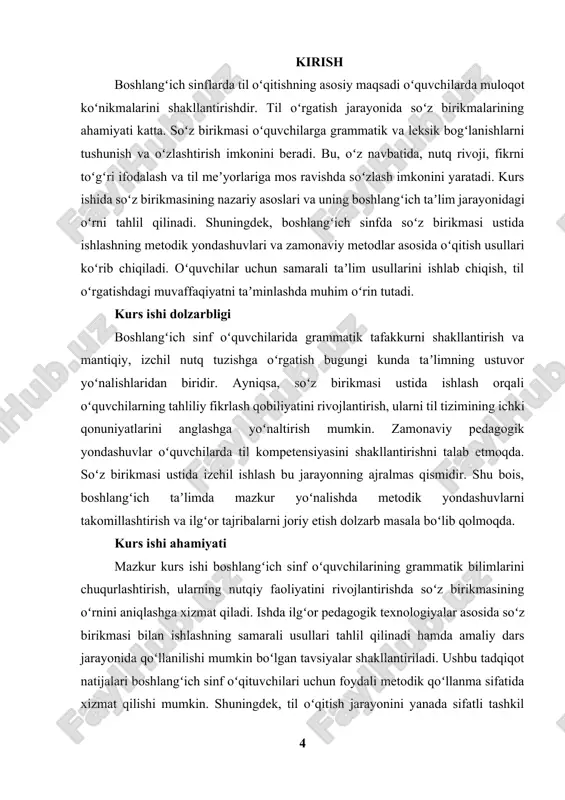 ydi yoki izohlaydi.[footnoteref:1] [1: oʻzbekiston respublikasining «taʼlim toʻgʻrisidagi» qonuni 29.08.2022 y. oʻzbekiston respublikasi oliy majlis axborotnomasi 2022 y. 10-son.] grammatik jihatdan soʻz birikmalari uch turdagi bogʻlanish shakliga ega: boshqaruv, tobelik va qoʻshma bogʻlanish. boshqaruv bogʻlanishida ergash soʻz bosh soʻzning grammatik talabiga koʻra maʼlum bir kelishikda turadi (masalan, “kitobni oʻqidi”, “uyga bordi”). tobelik bogʻlanishida esa ergash soʻz oʻzining shakl jihatidan bosh soʻzga tobe boʻladi va uning turlicha belgilarini ifodalaydi (masalan, “oq daftar”, “keng yoʻl”). qoʻshma bogʻlanishda ikki yoki undan ortiq mustaqil soʻzlar teng huquqli holda birikadi (masalan, “aka-uka”, “goʻsht va kartoshka”). soʻz birikmalari til tizimida muhim oʻrin tutadi, chunki ular fikrni aniqlashtirishda, gap tuzilmasini boyitishda, nutqni ifodali qilishda vosita boʻlib xizmat qiladi. soʻz birikmalari gap qurilishining asosiy boʻgʻini boʻlib, murakkab gaplar va matn birliklarining shakllanishida poydevor vazifasini bajaradi. bu jihatdan ularni grammatik jihatdan mukammal oʻrgatish boshlangʻich sinf oʻquvchilari uchun zarur boʻlgan lingvistik kompetensiyani shakllantirishda muhim ahamiyatga ega hisoblanadi. boshlangʻich sinf oʻquvchilari …