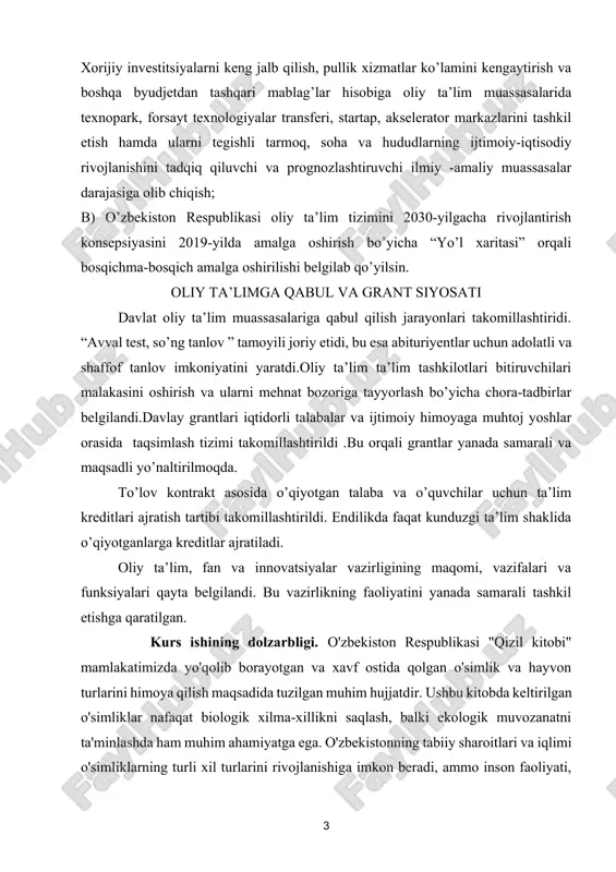 zirgi kunda butun dunyo bo‘ylab biologik xilma-xillikning saqlanib qolishi global muammolardan biri sifatida qaralmoqda. shu jumladan, o‘zbekiston hududida ham noyob va yo‘qolib borayotgan o‘simlik turlarining soni yil sayin kamayib bormoqda. bu esa mamlakatimizdagi ekologik holat, tabiiy resurslardan foydalanish, aholi sonining ko‘payishi va sanoatning rivojlanishi kabi omillar bilan bevosita bog‘liqdir. ayniqsa, insonning tabiatga bo‘lgan noinsoniy munosabati, ekotizimlarga zarar yetkazuvchi faoliyati, yovvoyi o‘simliklar yashash muhitining torayib borishi va iqlim o‘zgarishlari bu holatni yanada keskinlashtirmoqda. “o‘zbekiston respublikasi qizil kitobi”ning yuritilishi, undagi ma’lumotlar asosida muhofaza choralari ko‘rilishi va muayyan turlarni saqlab qolish bo‘yicha davlat siyosati yuritilishi ayni paytda muhim strategik yo‘nalishlardan biridir. mazkur kurs ishining dolzarbligi ham shundaki, u qizil kitobga kiritilgan o‘simliklar haqida chuqur ilmiy ma’lumotlar berish, ularning yo‘qolish sabablarini aniqlash, muhofaza qilish zaruratini asoslab berish va shu orqali jamiyatda ekologik ongni shakllantirishga xizmat qiladi. shuningdek, bu mavzu ekologik xavfsizlikni ta’minlash, barqaror rivojlanish strategiyalarini ishlab chiqishda, hamda o‘quvchilarda va keng jamoatchilikda tabiiy boyliklarga …