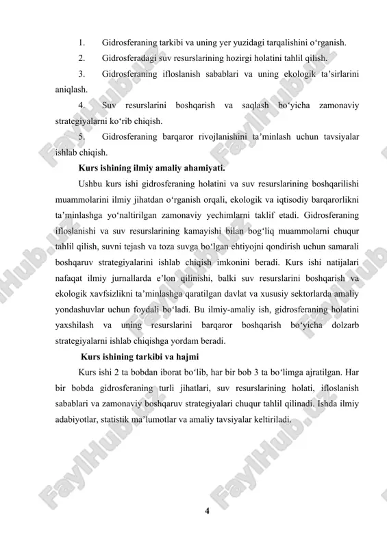 ning kundalik ehtiyojlarini taʼminlaydi. 3. muzliklar va qorlar: gidrosferaning taxminan 1,7% ini muzliklar va qorlar tashkil etadi, bu esa qutb hududlarida va togʻlik joylarda joylashgan. muzliklar, shuningdek, yer yuzasining suv balansini saqlashda katta rol oʻynaydi. 4. yer osti suvlar: gidrosferaning eng katta qismini tashkil etmagan boʻlsada, yer osti suvlarining oʻziga xos ahamiyati bor. ular, asosan, tabiiy suv resurslarining saqlanishi uchun muhim omil hisoblanadi. atmosferadagi suv: suv bugʻlari, yomgʻir va qor shaklida atmosferada mavjud boʻlib, gidrosferaning eng kichik qismiga ega (taxminan 0,001%). biroq, atmosferadagi suvning harakati va buxarlarning kondensatsiyasi yer yuzidagi suv siklini boshqarishda katta rol oʻynaydi. shuningdek, gidrosferaning barcha qismlari oʻzaro bogʻlangan boʻlib, ular yer yuzasidagi suv siklini tashkil etadi. suv sikli — bu suvning okeanlardan atmosferaga, atmosferadan daryolar, koʻllar, yer osti suvlariga, va nihoyat, qaytadan okeanlarga qaytishini taʼminlaydigan jarayonlar majmuasidir. gidrosfera yer yuzidagi hayotning asosiy qismi boʻlib, ekologik va iqtisodiy tizimning barcha qismlarida muhim rol oʻynaydi. gidrosfera - bu …