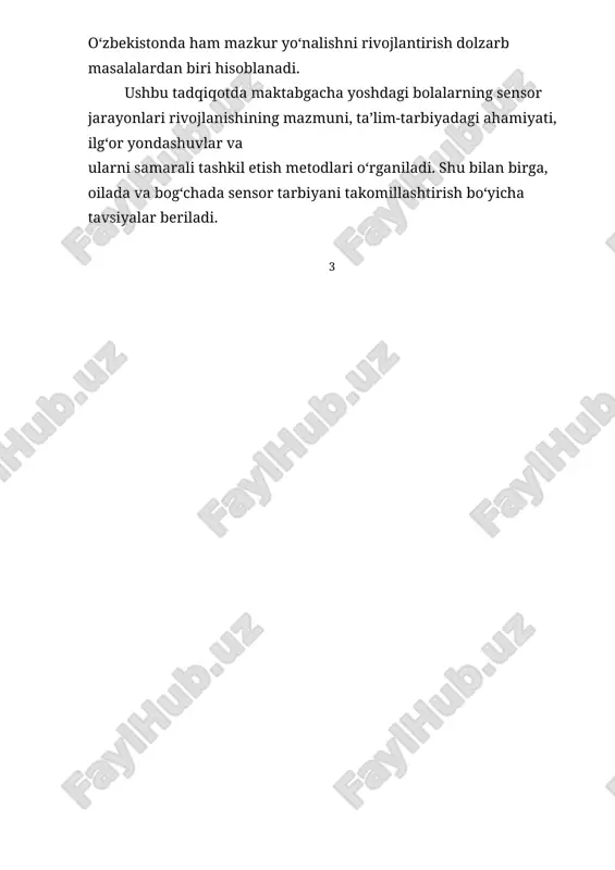 dlaydi. uning uslubida bolalar o‘z tajribalari orqali rang, shakl, faktura va fazoviy tushunchalarni anglashga o‘rganadilar. bundan tashqari, reggio emilia yondashuvi bo‘yicha bolalarning bilish jarayoni estetik va interaktiv muhit orqali rivojlantirilishi lozim. waldorf pedagogikasi esa tabiiy muhit va tasviriy san’at vositalari orqali sensor idrokni shakllantirishga asoslanadi. ushbu metodlar maktabgacha yoshdagi bolalarda sezgi organlari yordamida o‘z-o‘zini anglash jarayonini rivojlantirishga qaratilgan. o‘zbekistonda maktabgacha yoshdagi bolalarning sensor rivojlanishi bo‘yicha qator ilmiy ishlar olib borilgan. jumladan, o. musurmonova, n. muslimova, g. s. bo‘riyev kabi olimlar maktabgacha ta’lim tizimida sensor rivojlanish jarayonlarini chuqur o‘rganib, ta’lim tashkilotlarida amalga oshirilishi lozim bo‘lgan metodik tavsiyalarni ishlab chiqqanlar. sensor rivojlanish bo‘yicha davlat siyosati prezident shavkat mirziyoyev rahbarligida qabul qilingan qator normativ-huquqiy hujjatlar bilan mustahkamlangan. 2019-yil 16-dekabrda qabul qilingan “maktabgacha ta’lim va tarbiya to‘g‘risida”gi qonun maktabgacha ta’lim tizimining huquqiy asoslarini belgilab berdi. ushbu qonunda bolalarning individual rivojlanish xususiyatlarini hisobga olgan holda, sensor idrokini rivojlantirish bo‘yicha davlat talablarini shakllantirish muhimligi ta’kidlangan. 2020-yil …