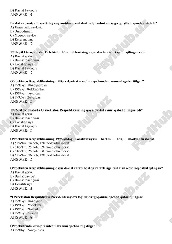 b qolish. c) jahon bozoriga chiqish. d) ijtimoiy himoyani mustahkamlash. answer: a o‘zbekiston davlat hokimyati tizimi nechta bo‘linish prinsipiga asoslanadi? a) 2 ta. b) 3 ta. c) 4 ta. d) 5 ta. answer: b “o‘zbek modeli” nechta tamoyil asosida joriy etilgan? a) 3 ta. b) 6 ta. c) 5 ta. d) 7 ta. answer: c “o‘zbek modeli”ning asoschisi kim? a) sh.m.mirziyoyev. b) r.nishonov. c) v.elsin. d) i.a.karimov. answer: d o‘zbekiston respublikasida qachondan boshlab oliy majlis ikki palatali parlament sifatida o‘z faoliyatini boshlagan? a) 1995-yil. b) 2000-yil. c) 2005-yil. d) 2002-yil. answer: c o‘zbekiston «adolat» sotsial-demokratik partiyasi qachon tashkil topdi? a) 1995-yil fevralda b) 1991-yil iyunda c) 1999-yil noyabrda d) 1993-yil martda answer: a qaysi yillarda mamlakatimiz parlamenti oliy majlis bir palatali tizim asosida faoliyat yuritdi? a) 1990–1994-yillar. b) 1991–1994-yillar. c) 1995–2004-yillar. d) 1995–2010-yillar. answer: c oliy majlis senatiga qoraqalpog‘iston respublikasi, viloyatlar va toshkent shahridan … nafardan, jami … kishi saylanadi. …