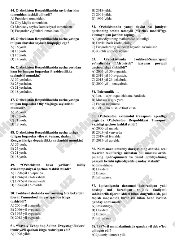 li” nechta tamoyil asosida joriy etilgan? a) 3 ta. b) 6 ta. c) 5 ta. d) 7 ta. 34. “o‘zbek modeli”ning asoschisi kim? a) sh.m.mirziyoyev. b) r.nishonov. c) v.elsin. d) i.a.karimov. 35. o‘zbekiston respublikasida qachondan boshlab oliy majlis ikki palatali parlament sifatida o‘z faoliyatini boshlagan? a) 1995-yil. b) 2000-yil. c) 2005-yil. d) 2002-yil. 36. o‘zbekiston «adolat» sotsial-demokratik partiyasi qachon tashkil topdi? a) 1995-yil fevralda b) 1991-yil iyunda c) 1999-yil noyabrda d) 1993-yil martda 37.qaysi yillarda mamlakatimiz parlamenti oliy majlis bir palatali tizim asosida faoliyat yuritdi? a) 1990–1994-yillar. b) 1991–1994-yillar. c) 1995–2004-yillar. d) 1995–2010-yillar. 38. oliy majlis senatiga qoraqalpog‘iston respublikasi, viloyatlar va toshkent shahridan … nafardan, jami … kishi saylanadi. prezident tomonidan tayinlanadigan … nafar elyurtda obro‘-e’tibor qozongan kishilar senatning a’zosi bo‘lishadi. a) 6, 84, 16. b) 6, 86, 12. c) 16, 86, 18. d) 6, 82, 14. 39.mahalliy hokimiyatning ikki mustaqil organi – vakillik va ijro organlari tizimiga boshchilik qiladi …