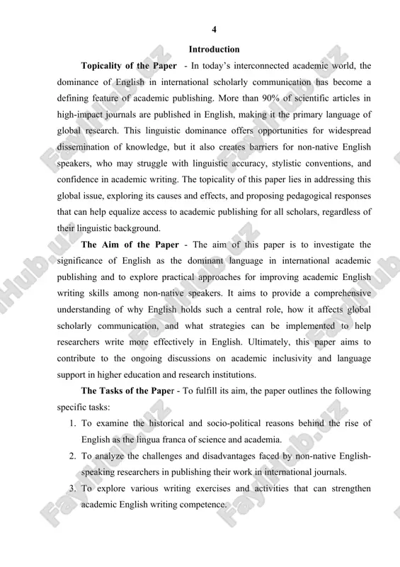 english in the academic world. it discusses how english became the dominant language and what consequences this has had for global knowledge exchange. · methods and exercises for improving academic english writing – this chapter presents various language learning strategies, writing tasks, and teaching methodologies that help learners develop the skills needed for academic writing in english. · conclusion – the paper concludes by summarizing the findings and suggesting practical recommendations for scholars and educators. · list of used literature – a full list of books, articles, and resources referenced throughout the paper. chapter-i. the role of english in international academic publishing 1.1. previous research and developments in this area over the past few decades, a substantial body of research has emerged focusing on the dominance of english in international academic publishing. scholars from fields such as applied linguistics, sociology of science, and education have explored how english has become …