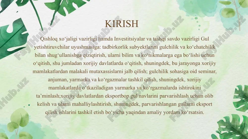 roqni yaxshi drenajlash orqali amalga oshiriladi. tuproqni tayyorlashda uning ph darajasini, tuzilishini va eroziyaga qarshi kurashishni ham hisobga olish zarur. tuproqning yaxshi tuzilishi, uning yaxshi nafas olishiga va o‘simlikning ildiz tizimi uchun kerakli kislorod miqdorining ta’minlanishiga yordam beradi. sug‘orish tizimi ham muhim agrotexnik tadbirlardan biridir. sug‘orishning to‘g‘ri tartibi va sifatli suv manbalariga ega bo‘lishi gulchilikda yuqori natijalar berishi mumkin. gul va o‘simliklarni sug‘orishda ortiqcha yoki kam sug‘orishdan saqlanish kerak. ortqacha namlik ildizning chirishiga olib kelishi mumkin, kam sug‘orish esa o‘simliklarning o‘sishiga salbiy ta’sir ko‘rsatadi. shu sababli, sug‘orish tizimining avtomatlashtirilgan tizimlari, masalan, tomchilatib sug‘orish usullari, samarali natijalarga olib keladi. xulosa gulchilikni rivojlantirish va tashkil etish jarayonida zamonaviy texnologiyalar, ilmiy asoslangan usullar, agrotexnik tadbirlar va ekologik xavfsizlikka alohida e'tibor qaratish zarur. i bobda gulchilikni barpo etishning asosiy yo‘nalishlari va texnologiyalari, yopiq hududda gulchilikni tashkil etishning samarali usullari ko‘rib chiqildi. ii bobda esa, mahalliy tabiiy-iqlim sharoitlariga moslashtirilgan gullarni zamonaviy issiqxonalarda yetishtirish texnologiyalari va …
