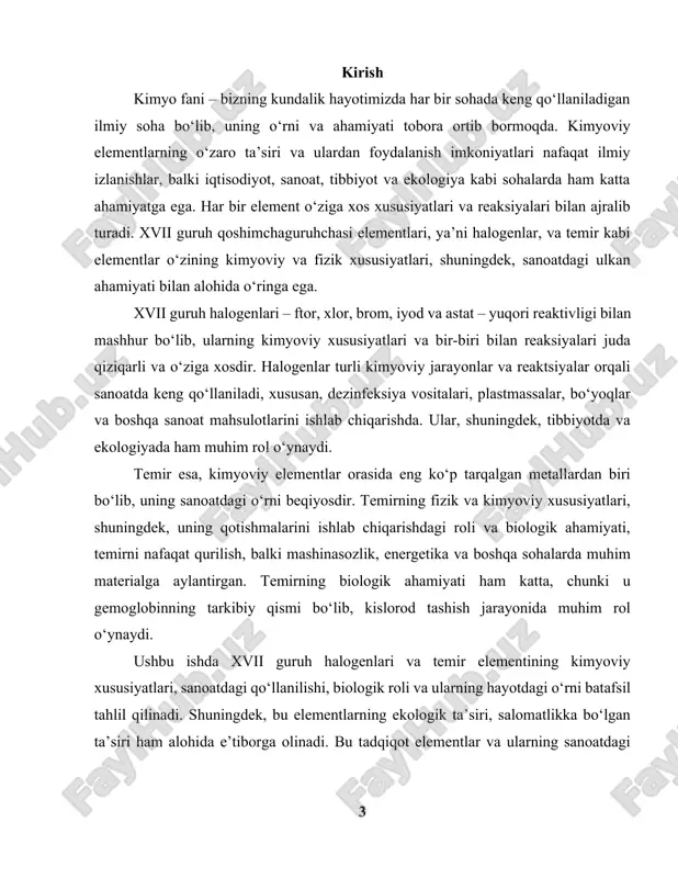 sanoatdagi qo‘llanilishi bilan tanilgan. halogenlarning ko‘plab sanoat jarayonlarida ishlatilishi, shuningdek, ularning ekologik ta’siri ham alohida tadqiqotga muhtojdir. bundan tashqari, halogenlar o‘zlarining zararli ta’sirlariga ega bo‘lishi mumkin. masalan, xlor gazining yuqori konsentratsiyasi zararli bo‘lishi mumkin, shuningdek, ozon qatlamining yo‘qolishiga olib kelishi mumkin. ftor va bromning sanoat jarayonlarida ishlatilishi ko‘plab ekologik xavflarni keltirib chiqarishi mumkin, shuning uchun ularni ehtiyotkorlik bilan ishlatish zarur. xvii guruh halogenlari o‘zining kimyoviy xususiyatlari va reaksiyalari bilan kimyo fanida muhim o‘rin tutadi. halogenlar asosan, yuqori oksidlanish darajasi (-1) bilan xosdir, lekin ular o‘zlarining oksidlanish darajasini o‘zgartirib, bir qator boshqa birikmalar hosil qilishi mumkin. misol uchun, xlor, brom va iyodning oksidlanish darajalarini o‘zgartirib, turli oksidlar va gidroksidlar hosil qiladi. boshqa taraqqiyotda, halogenlar suyuqlashgan holatda bo‘lishi yoki gaz holatida uchrashi mumkin. halogenlarning o‘ziga xos kimyoviy xususiyatlaridan biri — ular o‘ta kuchli oksidlovchilar hisoblanadi. ularning oksidlovchi xususiyatlari ularning elektronegativligiga bog‘liq bo‘lib, bu ularning elektronlarni tortib olish qobiliyatini oshiradi. ftor eng yuqori …