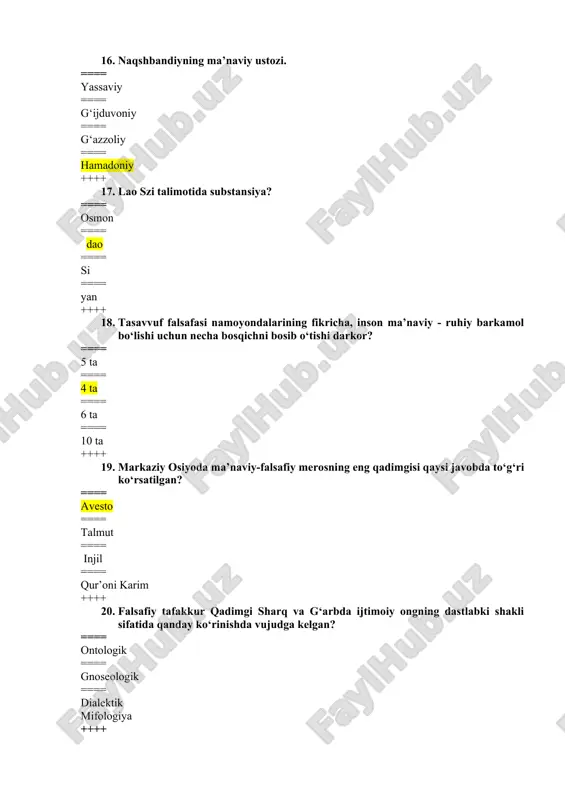 ikdir ==== borliq narsa va jarayonlarni mavjudligini ifodalaydi ++++ 23. qaysi javobda borliqning mavjudlik usullari to‘g‘ri ko‘rsatilgan? ==== materiya va tabiat ==== materiya va ruh ==== ruh va inson ==== ma’naviyat va ruh ++++ 24. borliqning asosini ham moddiylik, ham ma’naviylik tashkil qiladi, degan mulohaza qaysi ta’limotga asoslangan? ==== monism ==== dualizm ==== plyuralizm ==== idealism ++++ 25. quyidagi misollardan qaysi qatordagisi faqat ruh olamiga mansub? ==== makon, zamon, harakat ==== shahar, qishloq, aholi punkti ==== o‘simliklar olami, hayvonot olami, galaktika ==== g‘oya, nazariya, gipoteza ++++ 26. qaysi qatorda «birinchi tabiat» narsalari to‘g‘ri ko‘rsatilgan? ==== g‘oya, nazariya, gipoteza ==== o‘simliklar olami, hayvonot olami, okeanlar ==== shahar, qishloq, aholi punkti ==== makon, zamon, harakat ++++ 27. «ikkinchi tabiat» elementlari to‘g‘ri keltirilgan javobni aniqlang. ==== shahar, qishloq, aholi punkti ==== o‘simliklar olami, okeanlar ==== g‘oya, nazariya, gipoteza ==== makon, zamon, harakat ++++ 28. olamni va borliqni faqat sub’ektning ongiga bog‘liq degan ta’limotni …