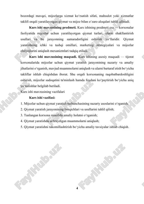 xizmat qiladi. savdoda qiymat tushunchasi iqtisodiyotning asosiy tamoyillaridan biridir va u mahsulot yoki xizmatning bozor sharoitida qanday baholanishini anglatadi. qiymat, asosan, iste’molchilar tomonidan mahsulotga berilgan ahamiyat va uning foydaliligiga bog’liq. iqtisodiy nazariyalar bo’yicha, qiymat ikki asosiy komponentdan iborat: foydalanish qiymati va almashuv qiymati. foydalanish qiymati - bu mahsulotning iste’molchiga taqdim etadigan foydasi yoki qulayligi, masalan, oziq-ovqat mahsulotlari uchun ularning ta’mi yoki sog’liq uchun foydaliligi; almashuv qiymati esa bozor sharoitida mahsulotning boshqa tovarlar yoki xizmatlar bilan qanday almashinishi mumkinligini ko’rsatadi. savdo jarayonida narxlar talab va taklif qonunlariga muvofiq shakllanadi, bu esa savdo operatsiyalarining muvaffaqiyatini belgilaydi. shuningdek, brend, sifat, marketing strategiyalari va iste’molchi xohish-istaklari kabi omillar ham savdoda qiymatni belgilovchi muhim elementlardir. shu sababli, savdoda qiymat tushunchasi nafaqat iqtisodiy jihatdan muhim bo’lib qolmay, iste’molchilarning qaror qabul qilish jarayonida ham katta ahamiyat kasb etadi. qiymat tushunchasi iqtisodiyot, falsafa va psixologiya kabi turli sohalarda asosiy tushunchalardan biri hisoblanadi. iqtisodiyot konteksida qiymat turlarining asosiy turlari …