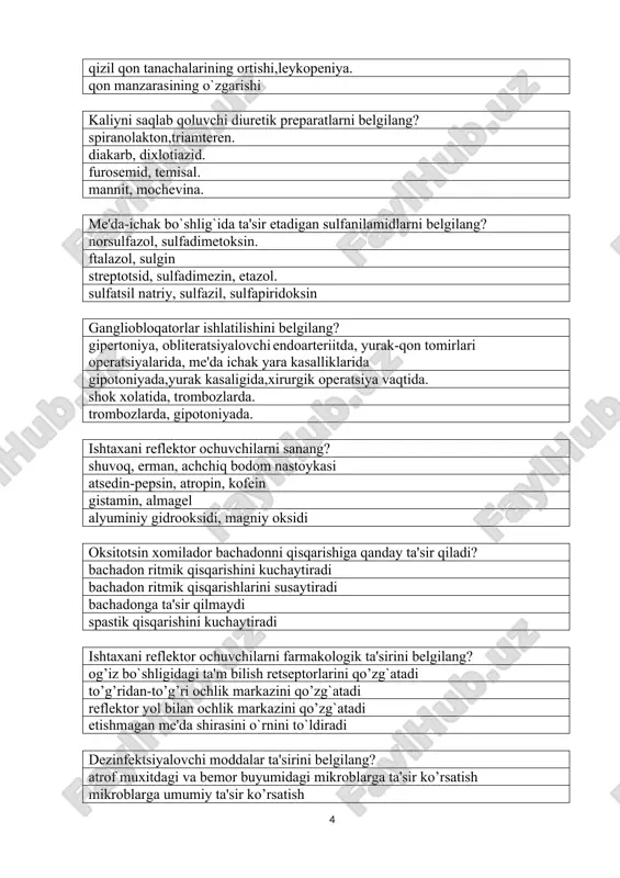 a,dibazol atropin magniy sulfat aspirinning antiagregant ta'siri nima? trombotsitlar agregatsiyasini kamaytirib, qon ivishini sekinlashtiradi. qon ivishini sekilashtiradi. trombotsitlar yig`ilishishi kamaytiradi. qon ivishini tezlashtiradi. bevosita ta'sir etuvchi antikoagulyantlarga nimalar ki​radi ? geparin, sitrat natriy urokinaza, plazmin neodikumarin, sinkumar streptoliaza, qontrikal o`t ajralib chiqishini engillashtiruvchi vositalarni ko’rsating? ingliz tuzi, atropin,papaverin, karlovar tuzi, berbe​rin allaxol,xolenzim xolosas,degidroxol kislota o’simlik yig’malari, sikvalon, oksafenamid oksitotsin ta'sir mexanizmini belgilang? miotsitlarning umumiy retseptorlariga ta'sir etadi betta adrenoretseptorlarni bloklaydi betta ikki adrenoretseptorlarni qo’zgatadi bachadon alfa adrenoretseptorlarni qo’zgatadi nitrofuran va 8-oksixinolin guruxi preparatlarini far​makologik ta'sirini va ishlatilishini ko’rsating? bakteritsid va bakteriostatik bo`lib,oshqozon-ichak xamda siydik yo’llari infektsiyalarini davolashda ishlati​ladi bakteriostatik bo`lib, asosan ko’z va quloqda uchray​digan mikroorganizmlarga ta'sir qiladi o`pka yalliglanishi kasalliklarida qo’llaniladi,bakte​riotsid ta'sirga ega oshqozon kasalliklarida ishlatiladi,bakteriotsid ta'​sirga ega kaltsiy antogonistlarini ta'sirini ko’rsating? membrana orqali kaltsiy ionlarini o`tishini tormoz​laydi natriy va kaliy ionlarini o`tishini sekinlashtiradi simpatolitik ta'sir ko`rsatadi kaltsiy ionlarini o`tishini kuchaytiradi viruslarga qarshi preparatlarni ko’rsating? midantan, remantadin tetratsiklin, oletetrin …