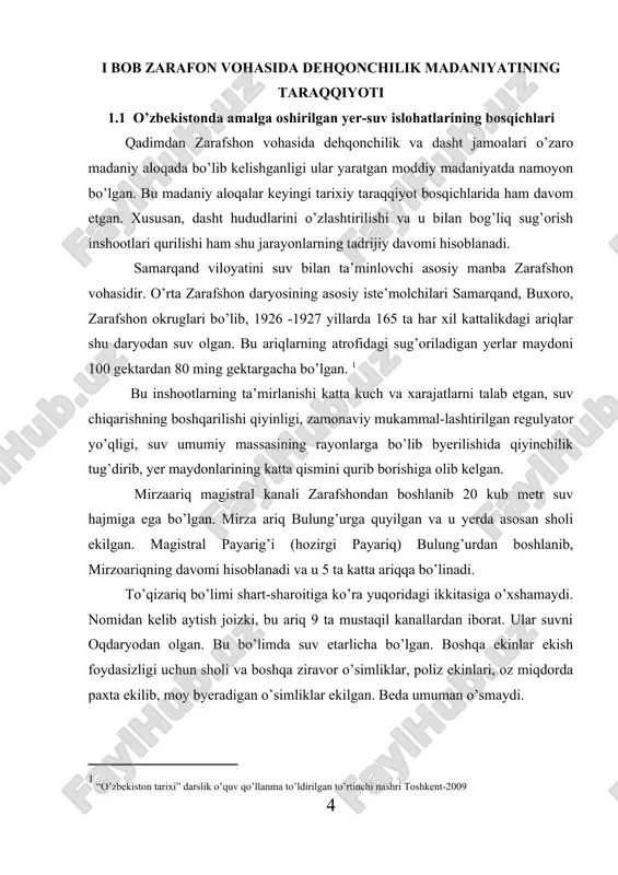 y mukammal-lashtirilgan regulyator yo’qligi, suv umumiy massasining rayonlarga bo’lib byerilishida qiyinchilik tug’dirib, yer maydonlarining katta qismini qurib borishiga olib kelgan. mirzaariq magistral kanali zarafshondan boshlanib 20 kub metr suv hajmiga ega bo’lgan. mirza ariq bulung’urga quyilgan va u yerda asosan sholi ekilgan. magistral payarig’i (hozirgi payariq) bulung’urdan boshlanib, mirzoariqning davomi hisoblanadi va u 5 ta katta ariqqa bo’linadi. to’qizariq bo’limi shart-sharoitiga ko’ra yuqoridagi ikkitasiga o’xshamaydi. nomidan kelib aytish joizki, bu ariq 9 ta mustaqil kanallardan iborat. ular suvni oqdaryodan olgan. bu bo’limda suv etarlicha bo’lgan. boshqa ekinlar ekish foydasizligi uchun sholi va boshqa ziravor o’simliklar, poliz ekinlari, oz miqdorda paxta ekilib, moy byeradigan o’simliklar ekilgan. beda umuman o’smaydi. o’sha davrning eng yirik suv xo’jaligi obekti bo’lgan zarafshon daryosidagi ravotxo’ja to’g’oni 1916 yilda qurilib bitkazilmagan eski to’g’on ustiga qayta qurilgan. i. i. levi loyihasi bo’yicha qurilgan ravotxo’ja to’g’oni suvni zarafshondan sekundiga 1350 kub metr tezlikda suv o’tkazish kuchiga ega bo’lib, 1921 …