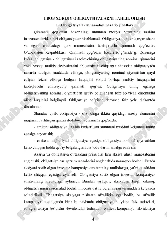 iya sotib olgan investor kompaniya- emitentning kreditoriga aylanadi. bundan tashqari, aksiyadan farqli odaroq, obligatsiyaning muomalad bodish muddati qat’iy belgilangan va muddati kelganda so’ndiriladi. obligatsiya aksiyaga nisbatan afzallikka ega bodib, bu afzallik kompaniya tugatilganda birinchi navbatda obligatsiya bo’yicha foiz todovlari, so’ngra aksiya bo’yicha devidendlar todanadi; emitent-kompaniya likvidatsiya yoki tugatilishi jarayonida mulkni taqsimlashda aksiyadorlar kompaniyaning barcha majburiyatlari shu jumladan, obligatsiyalar bo’yicha qarz majburiyatlarini so’ndirgandan keyin qolgan mulkdan ulush olishlari mumkin. obligatsiya qarz instrumenti bodganligi sabali kompaniya emitent boshqaruvida qatnashish huquqini bermaydi. obligatsiyalar davlat hukumati, turli davlat organlari va munitsipalitetlar mablagdarni jamg’arish instrumenti sifatida namoyon bodadi. korxonalar ham qo’shimcha moliyaviy mablagdarga zarurati yuzaga kelganda korporativ obligatsiyalar muomalaga chiqarishlari va joylashtirishlari mumkin. obligatsiyalarni chiqarish kompaniya-emitent uchun bir qator jozibador ahamiyatga ega: obligatsiya emissiyasi orqali kompaniya zarur mablagdarni kreditorlarning kompaniya moliyaviy ho’jalik faoliyatiga aralashuvisiz jalb qilishi mumkin. ammo, obligatsiya zayomlari orqali jalb qilingan mablagdarni kompaniya xuddi bank kreditlariga qo’shimcha mablagdar sifatida ko’rib chiqishi zarur. hatto …