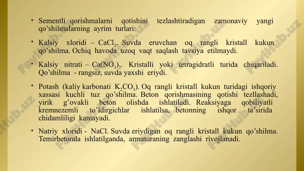 ga, mustahkamligiga, qotgan beton o’tkazuvchanligiga agressiv muhitni ta’sir etishini kamaytirishga ijobiy ta’sir ko’rsatadi.ma’lumki sementga 30% gacha kul kiritilsa, taxminan 7% gacha suvga talabchanligini kamaytirmaydi, ayniqsa kulda 100 mkm o’lchamdagi zarrachalar ko’p bo’lsa va bunda suv miqdori sement massasiga to’g’ri proporsional ravishda o’sib boradi.modifikator qo’shimchalar sifatida har xil sanoat chiqindilari va uning mahsulotlari keng qo’llanmoqda. 7 5. gidrofob qo’shimchalar betondagi g’ovaklik va kapillyarlar devorlariga gidrofob xassalari beruvchi moddalardir. gidrofob qo’shimchalarga molekulalarni tuzilish keskin assimetriyaga ega bo’lgan ko’pchilik organik moddalar kiradi va ularni beton va qorishmalarga quyidagi maqsadda qo’shiladi: - g’ovaklar va kapillyarlar devorlarini hamda buyumlarini sathini qo’llanilishini kamaytirish uchun; - havo olib kiruvchi yoki gaz hosil qiluvchi, hosil bo’lgan gaz bo’shliqlarini harakatchanliginiularda havo yoki gaz pufaklarini bir xilda joylashgani hisobiga oshishi.gidrofob qo’shimchalarni beton va qorishmalarga suv itaruvchi xassalarini berish ingichka devorli pollarni,konstruksiya elementlarda, rezervuar, lotoklar qoplamalarda, hamda sement bilan suyuqlikni ta’sir etish imkonini bartaraf etish zarurida pollarni rezervuarlarni va boshqa yuzalarni …