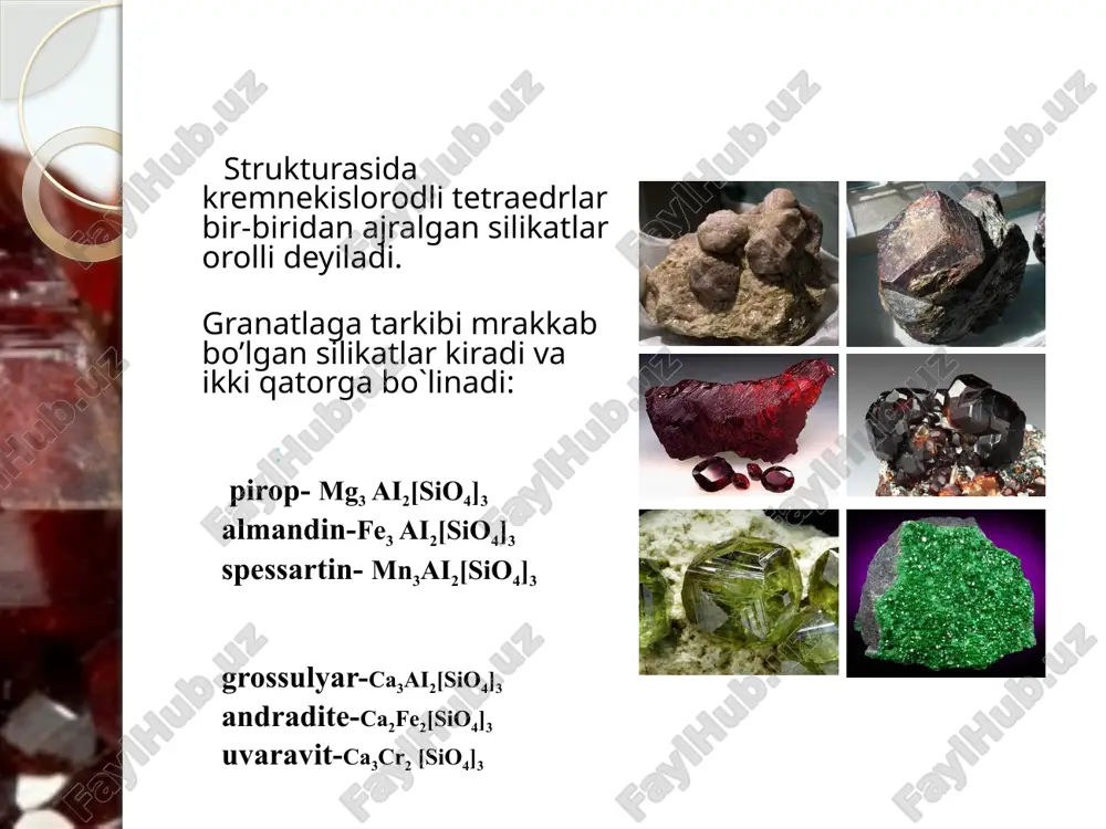 xshash kristallar hosil qiladi, ba`zan forsterit o`ta asosli jinslarning serpentinla- shishi tufayli yuzaga keladi. ushbu joylarda u magnezit, flogopit, shpinellar bilan bir associaciyada bo`ladi. fayalit - fe2[sio4] tarkibida feo (76%) miqdo- rining ko`pligi bilan xarakter- lanadi. rombik singoniyali, ko`rinishi rombo-dipiramidal. tashqi qiyofasiga ko`ra olivin kristallariga o`xshash bo`lib, tabletkachasimon, yoki kalta prizmatik bo`ladi. fayalit rangi to`q sariqdan, qoramtir yashilgacha, yaltirashi shishadek, olmosga o`xshash, qattiqligi 6-6,5 ulanish tekisligi (010) bo`yicha mukammal va (100) bo`yicha mukammal emas, solishtirma og`riligi 4-4,3. topaz — al2[sio4][f,oh]2. nomi qizil dengizdagi topazos oroli nomidan kelib chiqqan. kimyoviy tarkibi. a13o3 62,0-48,2%, sio2 39-28,2%, f 13-20,4%, h2o 2,45%. rangi — rangsiz shafofligi – suvdek shaffof turlari nisbatan kam uchraydi. ko'p qismi och sariq, sariq, samonsimon-sariq, moviysimon, binafsha, yashil, pushti, kam xollarda qizil rangli. yaltiroqligi- shishasimon qattiqligi -8 zichligi — 3,52-3,57 asosiy belgilari: fosfor tuzi yordamida parchalanadi va si02 skeleti ajralib qoladi. kelib chiqishi asosan nordon otqindi tog' jinslar (granitlar, riolitlar) …