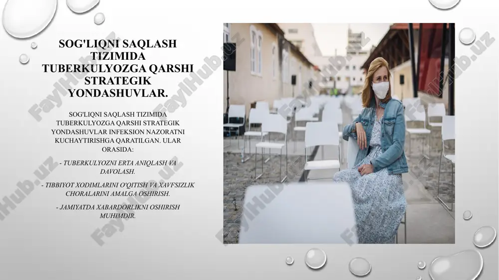 rkulyozga oid ta'lim dasturlari, kasallikning profilaktikasini va uning alomatlarini tan olishni o'rgatadi, aholini jalb qiladi. ijtimoiy tarmoqlar ijtimoiy tarmoqlar orqali tuberkulyozga qarshi kampaniyalar o'tkazish, keng auditoriyani jalb etish va kasallik haqida ma'lumot tarqatish uchun kuchli platforma hisoblanadi. xulosa tuberkulyozga qarshi kurash tuberkulyozga qarshi kurashda profilaktika usullari va strategiyalar, sog'liqni saqlash tizimida muhim o'rin tutadi. innovatsion yechimlar yordamida samarali natijalarga erishish mumkin. jamoatchilik ishtiroki sog'liqni saqlash muassasalarida tuberkulyozni oldini olishda jamoatchilik ishtiroki muhim ahamiyatga ega. ommaviy tushuntirish va ta'lim, infeksiyaning tarqalishini kamaytiradi. xalqaro tajribalar o'zbekistonda tuberkulyozni oldini olishda xalqaro tajribalar va muvaffaqiyatli strategiyalarni o'rganish, milliy dasturlarni takomillashtirishga yordam beradi. bu, sog'liqni saqlash tizimini mustahkamlaydi. image2.png image3.png image4.jpg image5.jpg image6.jpg image1.png /docprops/thumbnail.jpeg