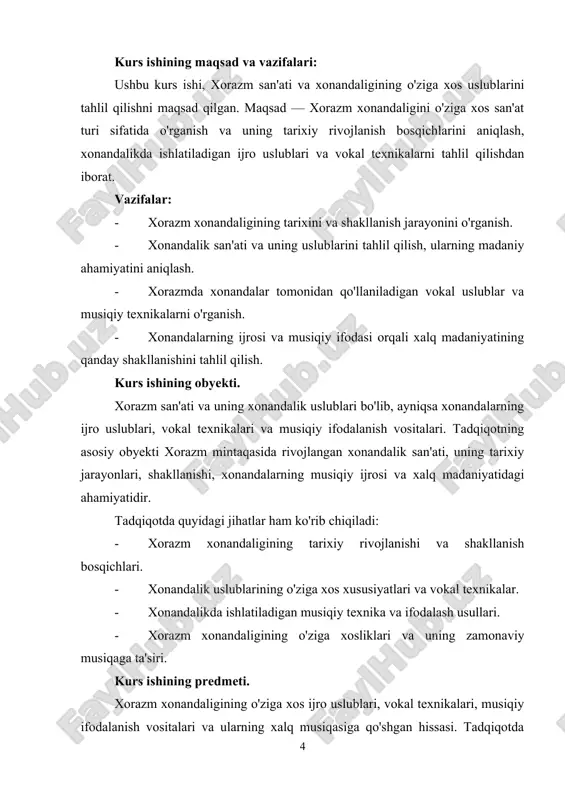 gan[footnoteref:1]. xonandalik san'ati boshida mahalliy diniy, xalq, rasmiy va saroy musiqasi singari turlarni birlashtirib, o'ziga xos uslubga ega bo'ldi. xonandalik san'atining rivojlanish bosqichlari: [1: o‘zbekiston respublikasining "madaniyat va san’atni rivojlantirish to‘g‘risida"gi qonuni. toshkent, 2020.] sovet davrida: 20-asrning boshlarida xorazm xonandalik san'ati, sovet madaniyatining ta'siri ostida o'zgarib, yangi uslublar va musiqiy shakllar paydo bo'ldi. bu davrda xonandalikda musiqaning modernizatsiyasi va yangi vokal texnikalariga urg'u berildi. mustaqillik davri: o'zbekiston mustaqillikka erishganidan so'ng, xorazm xonandalik san'ati, xalq musiqasining asliyatiga qaytish jarayonini boshladi va xorazm xonandalari o'z ijrosida milliy qadriyatlarni, an'anaviy uslublarni tiklashga intildi. xonandalik an'analari va ularning shakllanishi xonandalik san'ati o'zining xalq an'analari va urf-odatlari bilan chambarchas bog'liq. xonandalik, asosan, vokal ijro san'ati bo'lib, o'ziga xos vokal texnikalar, improvisatsiya va musiqiy ornamentlar bilan ajralib turadi. xorazmda xonandalik san'atining shakllanishi va rivojlanishida xalqning turli ijtimoiy guruhlari, shuningdek, musulmon diniy an'analari ham o'z ta'sirini ko'rsatdi. diniy marosimlar, turli festival va bayramlarda ijro etilgan musiqalar xorazm …