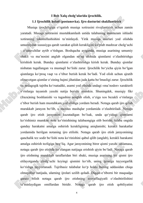 ko‘rinishining talabaongiga etib borishi; talaba ongida qanday harakatni amalga oshirish kerakligining aniqlanishi; kerakli harakatlar yordamida berilgan notaning ijro etilishi. notaga qarab ijro etish jarayonining qanchalik tez sodir bo‘lishi nota ko‘rinishini qabul qilib (anglab), kerakli harakatni amalga oshirish tezligiga bog‘liq. agar jarayonining biror qismi yaxshi ishlamasa, notaga qarab ijro etishda ko‘zlangan natijaga erishish qiyin bo‘ladi. notaga qarab ijro etishning murakkab taraflaridan biri shuki, musiqa asarining bir qismi ijro etilayotganda cholg‘uchi keyingi qismini ko‘rib, uning ijrosiga tayyorgarlik ko‘rishga tayyorlanadi. tajribasiz talabalar ko‘p holda buning uddasidan chiqa olmaydilar natijada, ularning ijrolari uzilib qoladi. diqqat-e’tiborni bir maqsadga qarata bilish notaga qarab ijro etishning muvaffaqiyatli o‘zlashtirilishini ta’minlaydigan omillardan biridir. notaga qarab ijro etish qobiliyatini rivojlatirishda quyidagi amaliy mashqlar yordam berishi mumkin; eng oddiy musiqa, boshlang‘ich taktning birinchi yarmi ijro etilayotganda talabao‘z e’tiborini shu taktning ikkinchi yarmiga qaratadi. xuddi shu usul asarning keyingi taktlarini ijro etishda ham qo‘llanadi. mashg‘ulotlar yordamida o‘quvchiga berilayotgan vazifa asta -sekin murakkablashtiriladi, …