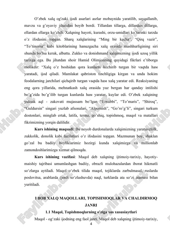 ov oriq va semiz buqani ajrata olmaydi», «yupqa qalin bo‘lsa, tor-mor qiladigan bahodir emish, ingichka yo‘g‘on bo‘lsa, uzadigan bahodir emish» kabi maqolni eslatuvchi parchalarni o‘qiymiz. maqol - og‘zaki ijodning eng faol janri. xalq maqollarining mazmun ko‘lami inson hayotining turli sohalarini qamraydi. inson hayotidagi voqea-hodisalarning cheki yo‘q ekan, maqollar mazmuni chegarasini ham o‘lchab bo‘lmaydi. maishiy hayotdagi kichik bir e’tiborga arzimaydigandek ko‘rinuvchi lavhadan tortib chuqur falsafiy mushohada ifodasigacha maqollar mazmunida o‘z aksini topgan. agar «uyga palos yarashur, xotinga libos» maqoli maishiy hayotga taalluqli bo‘lsa, «yozda miyang qaynasa, qishda qozoning qaynar» maqolida vaqtni bekor o‘tkazmaslik, aql bilan ish ko‘rish insonga hayot imkonini yaratishi qayd etiladi, «vaqting ketdi - baxting ketdi» maqolida esa falsafiy mazmun ifodalangan bo‘lib, inson taqdirida vaqt tushunchasining qanchalar muhim ekanligi ta’kidlangan. maqollarni tasnif qilishning bir turida mazmun yetakchi hisoblanadi. unga ko‘ra vatan, mehnat, xalq, ilm-hunar, mardlik, mehmon, tadbirkorlik, muhabbat va vafo, yaxshi so‘z - jami 30 ga yaqin mavzular qayd …
