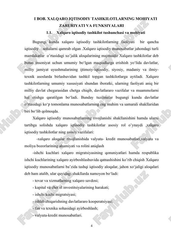 naydi ,xalqaro iqtisodiy tashkilotlar ning asosiy vazifalari: -xalqaro aloqalar rivojlanishida valyuta- kredit munosabatlari,valyuta va moliya bozorlarining ahamiyati va rolini aniqlash -ishchi kuchlari xalqaro migratsiyasining qonuniyatlari hamda respublika ishchi kuchlarining xalqaro ayirboshlashuvida qatnashishini ko’rib chiqish xalqaro iqtisodiy munosabatlarni ba’zida tashqi iqtisodiy aloqalar, jahon xo‘jaligi aloqalari deb ham atalib, ular quyidagi shakllarda namoyon bo‘ladi: - tovar va xizmatlarning xalqaro savdosi; - kapital va chet el investitsiyalarining harakati; - ishchi kuchi migratsiyasi; - ishlab chiqarishning davlatlararo kooperatsiyasi; - fan va texnika sohasidagi ayirboshlash; - valyuta-kredit munosabatlari. 1-jadval[footnoteref:1] [1: alimov a., hamedov i. o’zbekistonekiston respublikasida tashqi iqtisodiy faoliyat asoslari. t.: o‘ajnt, 2020 491 bet] xalqaro iqtisodiy tashlikotlar ko’rsatkichlari ko`rsatkichlar tahlika li chegara ko`rsatkichlar tahlika li chegara 1. iqtisodiyotning barqaror rivojlana olish qobiliyati 2. ijtimoiy soha qayta ishlash sanoatining jami sanoatdagi ulushi, % 20 yashash minimumidan past darajada yashayotgan aholining ulushi, % 7 innovasion mahsulotlarning jami sanoatdagi ulushi, % 15 aholining umr ko`rish uzoqligi, yil …