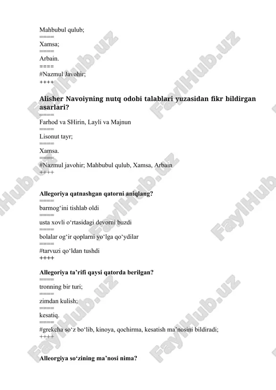 ratib yoziladi. ++++ iboralar nutq madaniyati fanining qaysi mavzusiga tegishli? ==== orfografiya ==== orfoepiya ==== tilning tasviriy vositalari ==== #frazeologiya ++++ iboralarning qaysi birida ruhiy holat natijasi ifodalangan? ==== dumini tugmoq ==== ko‘zlarini yashirdi ==== qo‘li egri ==== #ko‘z tikmoq ++++ ijodiy bayon qanday yoziladi? ==== matn hajmi kichraytiriladi ==== to‘liq mazmuni bayon etilmaydi ==== bunday tahlil turlari yo‘q ==== #matn hajmi kengaytiriladi ++++ ilmiy uslubga xos belgilar qaysi qatorda noto‘g‘ri bayon qilingan? ==== undalma gaplar ==== shartli belgilar qo‘llanmaydi ==== matn manologi nutq tarzida bo‘ladi ==== #tilning tasviriy vositalari ++++ ilmiy uslubning o‘ziga xos tomonlari qaysilar? ==== nutqning ma’lumotlarga boyligi; ==== fikrning qisqa, lo‘nda ifodalanishi; ==== terminlar orqali ifodalash. ==== #ilmiy ma’lumot yoki axborotni o‘ziga xos tarzda tushuntirish; ++++ ironiyaga taalluqli misollar qaysi qatorda berilgan? ==== tun –baxtsizlik; ==== tong – yoshlik; ==== ko‘rpangga qarab oyoq uzat; ==== #javobning barchasi . ++++ ish qog‘ozlari qaysi uslubda yoziladi? ==== so‘zlashuv …