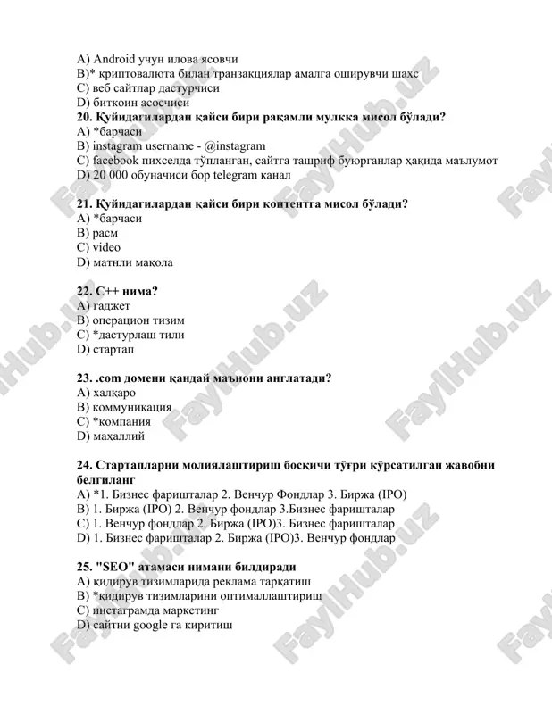 a axborot - kommunikatsion texnologiyalarini keng joriy etishni ko'zda tutadigan insonning xo'jalik faoliyatini tadqiq etuvchi fan 28. eko tizim deganda nimani tushunasiz? a) raqamli iqtisodiyotni rivojlantirish chora-tadbirlari v)* o'zaro bog'liq tashkilotlar va shaxslardan iborat iqtisodiy hamjamiyat s) raqamli iqtisodiyotning normativ-huquqiy asoslari d) raqamli iqtisodiyotni rivojlantirish infrastrukturasi 29. "raqamli iqtisodiyot" atamasi qachon paydo bo'lgan? a) *1995 yilda v) 1996 yilda s) 1994 yilda d) 2000 yilda 30. o'zbekiston respublikasi prezidentining "o'zbekistonda raqamli iqtisodiyotni rivojlantirish chora-tadbirlari to'g'risida"gi farmoni qachon qabul qilingan? a) *3.07.2018 y. v) 21.04.2017 y. s) 5.01.2019 y. d) 22.09.2019 y. 31. "o'zbekiston respublikasida raqamli iqtisodiyotni rivojlantirish chora-tadbirlari to'g'risida"gi prezident farmoniga muvofiq, raqamli iqtisodiyotni joriy etish va rivojlantirish sohasidagi vakolatli organ kim? a) "buyuk kelajak» ekspertlar kengashi v) axborot texnologiyalari va kommunikatsiyalarini rivojlantirish vazirligi s) *loyihalarni boshqarish milliy agentligi d) makroiqtisodiy tadqiqotlar va prognozlashtirish instituti 32. kriptovalyuta nima? a) *kriptovalyutalarni qaysidir ma'noda virtual olamning "kommunizmi" deyish mumkin. bu kabi tizimning …