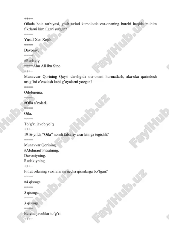ujjarlari. ==== a va d javoblar to’g’ri. ++++ sharq renessansi deb nomlangan qaysi asrda markaziy osiyo ma’naviy madaniyatining eng yuksaklikka ko’tarilgan paytlari bo’lgan? ==== v-vii asrlarda. ==== #ix-xv asrlarda. ==== xii-xv asrlarda. ==== to’g’ri javob ko’rsatilmagan. ++++ inson barcha boshqa jismlarda bo’lmagan qobilyat va kuchga ruhiy quvvatga aql va so’zlash qobilyatiga tegishli. bu kimning ta’limoti? ==== #farobiyning. ==== amir temurning. ==== yusuf xos hojibning. ==== abu ali ibn sinoning. ++++ “baxt saodatga erishuv haqida” “fanlarning tasnifi” “ilmiy va san’at fazilati” kabi risolalar kimning qalamiga mansub? ==== abu ali ibn sino. ==== #farobiy. ==== yusuf xos hojib. ==== to’g’ri javob yo’q. ++++ qaysi dostonda til odobi, rostgoylik, poklik, kamtarlik, sevgi va vafo etishga da’vat etadi? ==== saodatnoma. ==== boburnoma. ==== qobusnoma. ==== #qutadg’u bilig. ++++ qaysi olim tarbiyaviy qarashlarida oila va oilaviy masalalariga keng o’rin berilgan? ==== #abu ali ibn sino ==== farobiy ==== yusuf xos hojib ==== kaykovus ++++ qaysi …