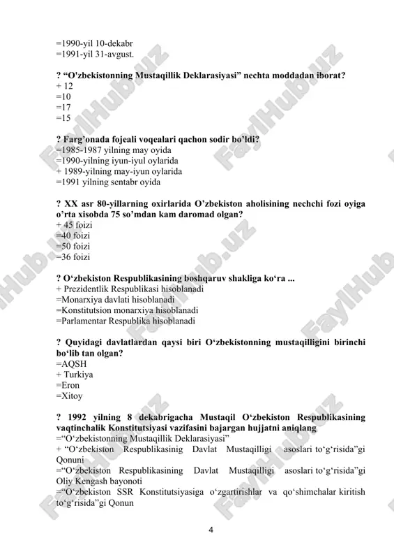 rog‘idagi moviy rang nimani aks ettiriradi? =tinchlik va poklik + mangu osmon va musaffo suv =har bir tirik jonning qon tomiri, unda jo‘sh urib turgan hayotiy kuch =tiriklik ramzi ? o‘zbekiston respublikasida vitse-prezident lavozimi qachon tugatildi? =1991 yil 18 noyabr =1991 yil 29 dekabr + 1992 yil 4 yanvar =1992 yil 8 dekabr ? o‘zbekiston respublikasining “davlat gerbi to‘g‘risida”gi qonuni qachon qabul qilingan? + 1992 yil 2 iyul =1992 yil 2 iyun =1992 yil 20 iyul =1992 yil 20 iyun ? afg’on urushida uzbekistondan qancha o’g’lonlarimiz xalok bo’lganlar? =65000 nafar =14453 nafar =2500 dan ortiq + 1500 dan ortiq ? “o‘zbekiston respublikasi davlat madhiyasi to‘g‘risida”gi qonun qachon qabul qilingan? =1991 yil 8 dekabr =1991 yil 10 dekabr =1992 yil 20 iyul + 1992 yil 10 dekabr ? alisher navoiyning 550 yillik tavallud sanasi qachon nishonlangan? + 1991-yil =1992-yil =2001-yil =2011-yil ? amir temurning 660 yillik tavallud sanasi qachon bo’lgan? + …