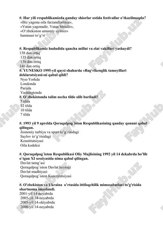15-dekabr 2018-yil 1-sentabr 2018-yil 10-oktabr #. qachon sovet ittifoqida favqulodda holat joriy etildi va hokimiyat favqulodda holat davlat komiteti (gkchp – gosudarstvenniy komitet po chrezvichaynomu polojeniyu) qo‘liga o‘tdi? 1991-yil 19–21-avgust 1991-yil 15–17-sentabr 1991-yil 15–23-avgust 1991-yil 17–21-dekabr #. o‘zbekiston respublikasi oliy sudi harbiy hay’ati, o‘zbekiston respublikasi harbiy sudi, okrug va hududiy harbiy sudlar shtat birliklari o‘zbekiston respublikasi qurolli kuchlari tarkibidan o‘zbekiston respublikasi oliy sudi tizimiga o‘tkazildi. 2016-yil 2014-yil 2017-yil 2013-yil #. o‘zbekiston respublikasi prezidenti shavkat mirziyoyev bmtning nechanchi sessiyasida qatnashdi? 70 71 72 73 #. harakatlar strategiyasi qachon tasdiqlandi? 2017-yil 17-fevral 2017-yil 14-fevral 2017-yil 7-fevral 2017-yil 10-fevral #. harakatlar strategiyasi qaysi yillarga mo’ljallangan? 2017-2020-yillga 2017-2021-yillga 2017-2022-yillga 2017-2019-yillarga #. 1994-yil 1-iyul… … … so’m-kupon muomalaga kiritildi milliy valyuta so’m muomalaga kiritildi prezidentining «o‘zbekiston respublikasining milliy valyutasini muomalaga kiritish to‘g‘risida»gi farmoni qabul qilindi 200 so’mlik qog’oz pullar muomalaga kiritildi #. 10000 va 50000 so’mlik banknotlar qachon chiqarilgan? 2017-yil 2013-yil 2001-yil 2000-yil #. «o‘zbekiston …