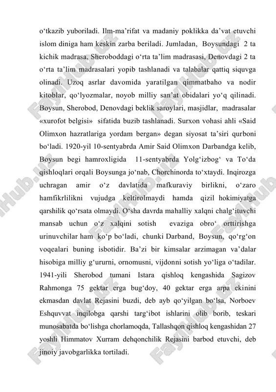 ‘liga o‘tadilar. 1941-yili sherobod tumani istara qishloq kengashida sagizov rahmonga 75 gektar erga bug‘doy, 40 gektar erga arpa ekinini ekmasdan davlat rejasini buzdi, deb ayb qo‘yilgan bo‘lsa, norboev eshquvvat inqilobga qarshi targ‘ibot ishlarini olib borib, teskari munosabatda bo‘lishga chorlamoqda, tallashqon qishloq kengashidan 27 yoshli himmatov xurram dehqonchilik rejasini barbod etuvchi, deb jinoiy javobgarlikka tortiladi. mustabid tuzum siyosiy mafkurasining asl qiyofasini turli yo‘nalishlar, xiyla-nayranglar bilan yashirishga urinib, o‘zbek millatining ko‘zga ko‘ringan fidoyilarini yo‘q qilish, qirib tashlash bilan qattiq shug‘ullanib, qatag‘onlik usulini keng qo‘lladi. birinchi prezidentimiz i. a. karimov ta’kidlaganidek, «mash’um 1937-1953-yillarda sodir etilgan bedodlikni tasavvur etish uchun uzbekiston bo‘yicha qariyb 100 ming kishi qatag‘onga uchrab, 13 ming nafari otib tashlanganini eslash kifoya. insoniy qadr-qimmati toptalgan, hayoti poymol etilgan bu odamlar orasida yurtimizda istiqomat qilgan deyarli barcha millat va elatlarnshg vakillari bor edi». ushbu davr voqeiyligi viloyat tarixiy hayotidan bir lavha misolida aks ettirilsa-da, qatag‘onlik yillari xalqimizga o‘tmishning bu achchiq qismatini doimo …