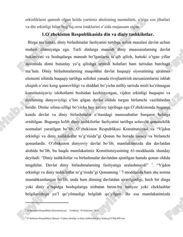 din davlatdan alohida bo’lib, bu haqda mamlakatimiz konstitutsiyasining 61-moddasida shunday deyiladi: “diniy tashkilotlar va birlashmalar davlatdan ajratilgan hamda qonun oldida tengdirlar. davlat diniy birlashmalarning faoliyatiga aralashmaydi” [footnoteref:1]. “vijdon erkinligi va diniy tashkilotlar to’g’risida”gi qonunning [footnoteref:2] 7-moddasida ham shu norma mustahkamlangan bo’lib, unda ham dinning davlatdan ajratilganligi, hech bir dinga yoki diniy e’tiqodga boshqalariga nisbatan biron-bir imtiyoz yoki cheklashlar belgilanishiga yo’l qo’yilmasligi belgilab qo’yilgan. bu esa mamlakatimizda davlatning diniy ishlarga, dinning esa davlat ishlariga aralashmasligini anglatadi. (qonun hujjatlarida ko’rsatilgan holatlar bundan mustasno, albatta). buning zamirida davlat tomonidan turli dinlarga e’tiqod qiluvchi va dinga e’tiqod qilmaydigan fuqarolar, shu kabi tashkilotlar o’rtasida o’zaro murosa va hurmat o’rnatilishiga ko’maklashishi, ular o’rtasida vujudga kelishi mumkin. [1: o’zbekiston respublikasi konstitutsiyasi. – toshkent: “o’zbekiston” 2021.] [2: o’zbekiston respublikasi qonuni «vijdon erkinligi va diniy tashkilotlar to‘g‘risida»gi o’rq-699-son.] “zamonaviy dunyoda ijtimoiy fanlar: nazariy va amaliy izlanishlar” nomli ilmiy, masofaviy, onlayn konferensiya bo’lgan qarama-qarshilik va keskinliklarning oldini olishi, diniy konfessiyalar …