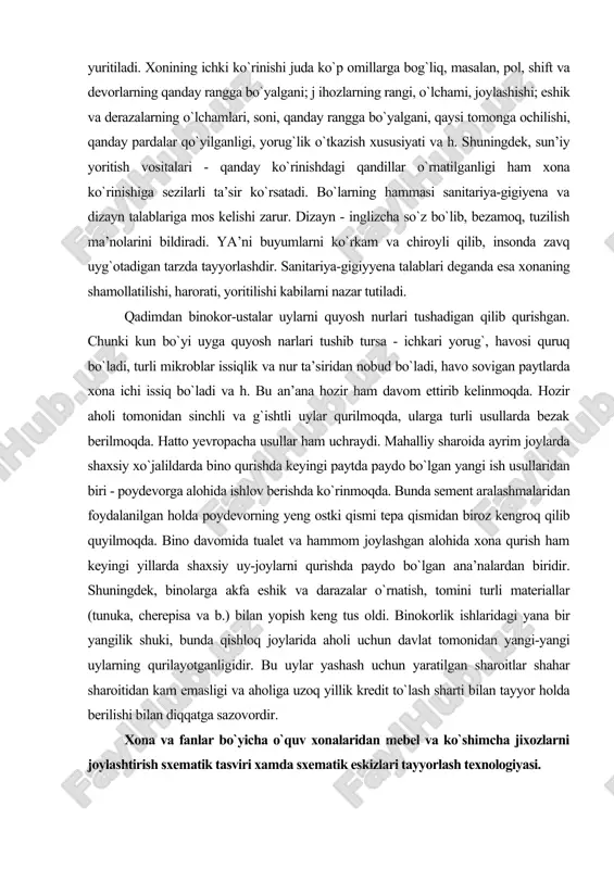 h. bu an’ana hozir ham davom ettirib kelinmoqda. hozir aholi tomonidan sinchli va g`ishtli uylar qurilmoqda, ularga turli usullarda bezak berilmoqda. hatto yevropacha usullar ham uchraydi. mahalliy sharoida ayrim joylarda shaxsiy xo`jalildarda bino qurishda keyingi paytda paydo bo`lgan yangi ish usullaridan biri - poydevorga alohida ishlov berishda ko`rinmoqda. bunda sement aralashmalaridan foydalanilgan holda poydevorning yeng ostki qismi tepa qismidan biroz kengroq qilib quyilmoqda. bino davomida tualet va hammom joylashgan alohida xona qurish ham keyingi yillarda shaxsiy uy-joylarni qurishda paydo bo`lgan ana’nalardan biridir. shuningdek, binolarga akfa eshik va darazalar o`rnatish, tomini turli materiallar (tunuka, cherepisa va b.) bilan yopish keng tus oldi. binokorlik ishlaridagi yana bir yangilik shuki, bunda qishloq joylarida aholi uchun davlat tomonidan yangi-yangi uylarning qurilayotganligidir. bu uylar yashash uchun yaratilgan sharoitlar shahar sharoitidan kam emasligi va aholiga uzoq yillik kredit to`lash sharti bilan tayyor holda berilishi bilan diqqatga sazovordir. xona va fanlar bo`yicha o`quv xonalaridan mebel va ko`shimcha …