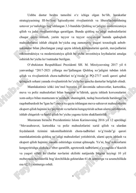 shi hisobiga 2020 yilda 2016 yilga nisbatan meva va uzum ishlab chiqarishni 20-25 foizga ko’payishiga erishildi. bitiruv malakaviy ishida maxalliy uzum navlaridan qora kishmish va oq xo’raki navlardan vino va musallas tayorlash texnologik tizimini biokimyoviy tarkibini hamda meva sifat ko’rsatkichlariga samarali ta’sir etuvchi omilarni aniqlashdan iborat bo’ldi. bitiruv malakaviy ishning maqsadi va vazifasi. izlanishlarni asosiy maqsadi maxalliy uzum navlaridan qora kishmish va oq xo’raki navlardan vino va musallas tayorlash texnologiyasi va uning texnologik tizimini ishlab chiqishdan iborat. bu maqsadlarga erishish uchun quyidagi vazifalarni amalga oshirish rejalashtirildi: -vinobop uzum navlarining tavsifi va ularning kimyoviy tarkibini o’rganish -vinomaterial tayorlash bosqichlarida amalga oshiriladigan texnologik operasiylarni o‘rganish va taxlil qilish -vinomaterial sifat ko‘rsatkichlarini aniqlash usullarini tanlash -qora kishmish va oq xo‘raki navlardan musallas tayorlashning texnologiyasini va ularning texnologik tizimini ishlab chiqish - yangi texnologiyga ko’ra tayorlangan musallasning sifat ko’rsatkichlari (qand miqdori va kislotaliligi) ni aniqlash - yangi texnalogiyga ko’ra tayorlangan musallas tayorlash tizimining iqtisodiy …