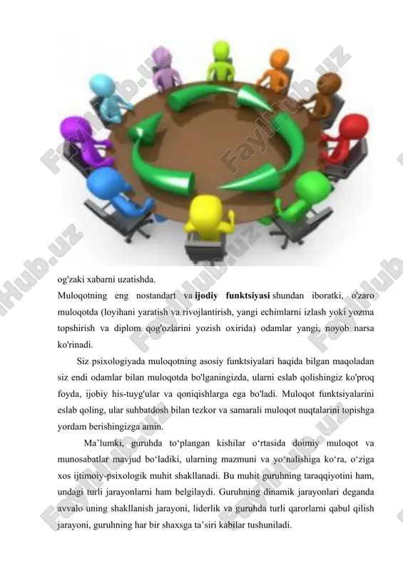 hda qabul qilinadigan normalar, fikrlar, hulq-atvor standartlarini qanchalik qabul qilish yoki qabul qilmasligi bilan bog‘liq. guruh fikrini qanchalik tez qabul qilish, uning ta’siriga berilish individ bilan guruhning ziddiyatlarini oldini olishi mumkin. shuning uchun ham individ ana shunday xatti-harakat qilishga intiladi. lekin ana shunday guruh fikriga, harakatiga qo‘shilish turli shakllarda bo‘lishi mumkin: tashqi konformlilik – individ guruh fikriga nomigagina qo‘shiladi, aslida ruhan u guruhda qarshi turadi: ichki konformlilik – individ guruh fikriga to‘lig‘icha qo‘shiladi va ruhan qabul qiladi. ana shunday hollarda individ bilan boshqalar o‘rtasida ziddiyat yoki konfliktlar paydo bo‘lmaydi. bu o‘rinda yana bir tushuncha ham bor, u ham bo‘lsa “negativizm” tushunchasidir, bu individning har qanday sharoitda ham guruh fikriga qarshi turishi va o‘zicha mustaqil fikr, mavqeni namoyon qilishidir. bu tabiiy individ uchun noqulay, lekin mustaqil fikr, odil harakatlar doimo hurmat qilinadigan jamoalarda negativizm hodisasi yomon illat sifatida qabul qilinmaydi. guruhlardagi yana bir jarayon – bu guruhning uyushqoqligi muammosidir. guruh a’zolarining …