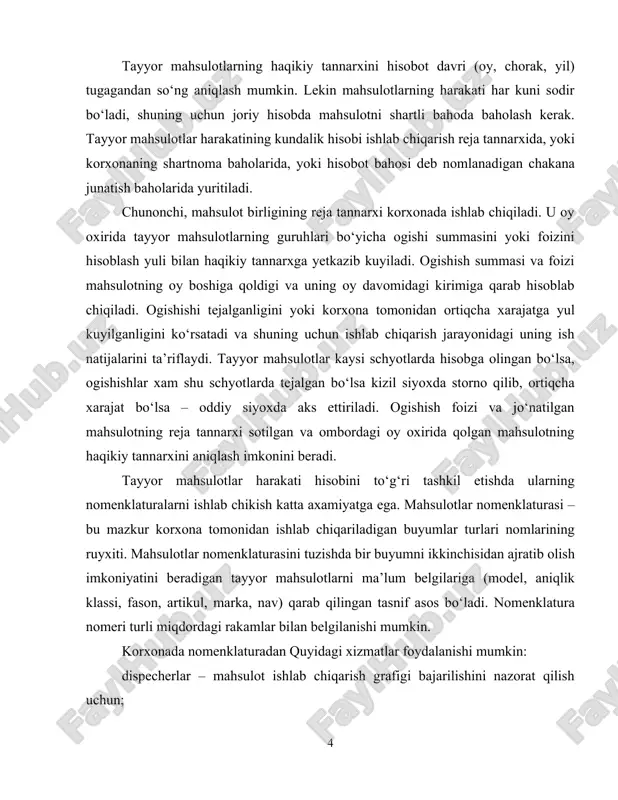ish imkoniyatini beradigan tayyor mahsulotlarni ma’lum belgilariga (model, aniqlik klassi, fason, artikul, marka, nav) qarab qilingan tasnif asos bo‘ladi. nomenklatura nomeri turli miqdordagi rakamlar bilan belgilanishi mumkin. korxonada nomenklaturadan quyidagi xizmatlar foydalanishi mumkin: dispecherlar – mahsulot ishlab chiqarish grafigi bajarilishini nazorat qilish uchun; sexlar – ishlab chiqarilayotgan mahsulotlar asortimentini nazorat qilish uchun va tayyor mahsulotlarni omborga topshirishda nakladnoylar yozish uchun; marketing bo‘limi – mahsulot junatish shartnomasini bajarish imkoniyati ustidan nazorat qilish uchun; buxgalteriya – analitik hisob, svodkalar va hisobotlar tuzish uchun. 2-tayyor mahsulot va uning baholanishi. tayyor mahsulotlarni ishlab chiqarish soxasidan muomala soxasiga utish jarayoni quyidagi dastlabki hujjatlarda aks ettiriladi: qabul qilish – topshirish nakladnoylari, dalolatnomalari, rejalar, kartalar va b. tayyor mahsulotlarni yuklab junatish uz ichiga ikkita hujjatni – omborga buyruk va junatish uchun nakladnoylarni kamrab oladigan buyruk – nakladnoy bilan rasmiylashtiriladi. omborga buyrukni xaridorlar bilan tuzilgan shartnoma shartlariga asosan mol oluvchining nomini, uning kodini, mahsulotning miqdori vaassortimentini, junatish muddatini …