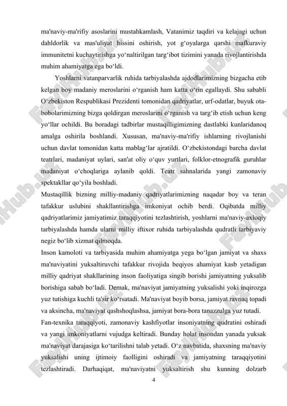 alishi yoki inqirozga yuz tutishiga kuchli ta'sir ko‘rsatadi. ma'naviyat boyib borsa, jamiyat ravnaq topadi va aksincha, ma'naviyat qashshoqlashsa, jamiyat bora-bora tanazzulga yuz tutadi. fan-texnika taraqqiyoti, zamonaviy kashfiyotlar insoniyatning qudratini oshiradi va yangi imkoniyatlarni vujudga keltiradi. bunday holat insondan yanada yuksak ma'naviyat darajasiga ko‘tarilishni talab yetadi. o‘z navbatida, shaxsning ma'naviy yuksalishi uning ijtimoiy faolligini oshiradi va jamiyatning taraqqiyotini tezlashtiradi. darhaqiqat, ma'naviyatni yuksaltirish shu kunning dolzarb vazifalaridan biri, kelajak poydevori bo‘lmish yoshlar qalbi va ongiga boy ma'naviy merosni singdirish, mustaqillik g‘oyalarini singdirish asosida o‘zida xulq-odob madaniyatini mujassamlashtirgan barkamol avlodni shakllantirish kunning asosiy vazifasidir. zero, vatan kelajagi, xalqimiz oldida turgan ulkan maqsadlarga yerishish avvalo yoshlariga, ularning har tomonlama barkamol inson bo‘lib voyaga yetishiga bog‘liqdir. istiqlol arafasida ma'naviyat sohasiga beqiyos ye'tibor qaratilib, yurtboshimiz sa'y-harakatlari bilan tilimizda, demakki, ongu tafakkurimiz – dunyoqarashimizda ma'naviy boyliklar, ma'naviy tarbiya, xalq ma'naviy boyligi, xalq ma'naviyati, ma'naviy burch kabi tushunchalar yangidan shakllandi. birgina misol: agar o‘tgan asrning 70-80-yillarida chop yetilgan …