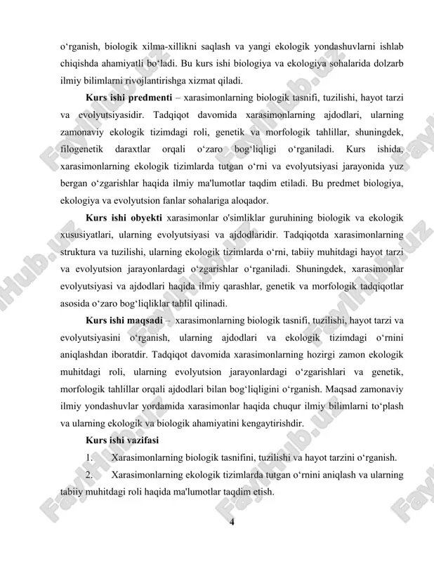 ar (viridiplantae) olamiga mansubdir. xarasimonlar asosiy ravishda suv muhitida yashovchi, fotosintez orqali ozuqa ishlab chiqaradigan mikroskopik o‘simliklardir. ularning tasnifi ekologik, morfologik va evolyutsion jihatlarga asoslangan. xarasimonlar o‘simliklarning boshqa guruhlari bilan birga fotosintez jarayonini amalga oshiradi, ular atmosferaga kislorod chiqarish orqali ekologik muhitni tozalashda katta rol o‘ynaydi. xarasimonlar o‘simliklar olamining yashil o‘simliklar (viridiplantae) podguruhiga kiradi. yashil o‘simliklar guruhi ikki asosiy bo‘limdan tashkil topadi: yashil alglar (chlorophyta) va boshqa yashil o‘simliklar (embryophyta). xarasimonlar, asosan, yagona hujayralardan iborat bo‘lgan va ko‘p hujayrali organizmlar sifatida tasniflanadi. xarasimonlarning tizimi bir nechta turli darajalarga bo‘linadi:[footnoteref:1] [1: karimov t. f. "botanika asoslari" – toshkent: o‘zbekiston, 2010 – 25-45 betlar.] · sinf: chlorophyta (yashil alglar) · buyumlar: ulvophyceae, charophyceae, chlorophyceae · tur: har bir buyumda ko‘plab tur va navlar mavjud, masalan, chlamydomonas, volvox, spirogyra va boshqalar. xarasimonlar o‘zlarining tuzilishi va morfologiyasi jihatidan juda xilma-xildir. ularning ba’zi turlari bir hujayrali, boshqalari esa ko‘p hujayrali tuzilishga ega bo‘ladi. bu guruhga, …