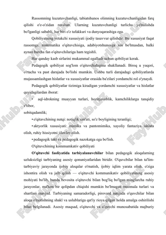 loqa o'rnatish vazifalarini rejalashtirishi kerak. albatta, bu nihoyatda qiyin jarayon, zero tarbiyaning ha rbir usuli, tarkibiy qismi va tashkil etuvchi usullari muomala orqali aloqa o'rnatishmng samaradorligiga bog'liq. ushbu jarayon bevosita o'qituvchining rikr almashuvi(reflek-siya) bilan bog'liq xususiyatlariga, o'quvchi ruhiy holatini fikr tezligi bilan uqib olish san'atiga va pedagogik ta'sir ko'rsatishning turli usullarini bir-biri bilan o'zaro aloqadorlikda qo'llay bilishiga taalluqli bo'lib, ularuzluksiz shakllanadi. o'qituvchining fikr almashuvi bilan bog'liq kommumkativ qobiliyatini shakllantiravchi asosiy xususiyatlari o'quvchi ongiga qaratilgan faoliyat bo'lib, nihoyatda murakkab jarayonda takomillashadi. o'zaro fikr almashish omillari bilan bevosita bog'liq bo'lgan kommumkativ qobiliyatning quyidagi yo'nalishlari mavjud: · o'quvchilarni ishontirish; · o'quvchilar ongiga ta'sir etish; · o'zgalarga taqlid qilish. o'quvchilarni ishontirish tarbiyalanuvchning ongiga qaratilgan bo'lib, o'qituvchi fikr mulohazalarini ta'sirchan nutq orqali o'quvchining bilimlar tizimiga, dunyoqarashiga, xulq-atvoriga, xatti-harakatiga ta'sir etadi va uni qisman o'zgartiradi. ishontirish o'qituvchining kasb faoliyatiga taalluqli bo'lgan murakkab faoliyatida asosiy ta'sir ko'rsatish vositasi bo'lib, ta'lim-tarbiya jarayonida ishlatiladigan usullardan biri hisoblanadi. o'quvchi ongiga …