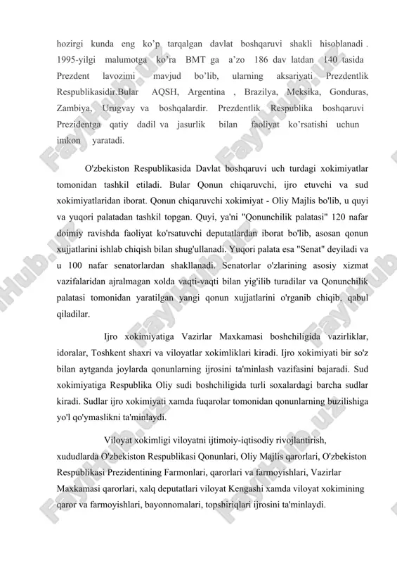 ligi viloyatni ijtimoiy-iqtisodiy rivojlantirish, xududlarda o'zbekiston respublikasi qonunlari, oliy majlis qarorlari, o'zbekiston respublikasi prezidentining farmonlari, qarorlari va farmoyishlari, vazirlar maxkamasi qarorlari, xalq deputatlari viloyat kengashi xamda viloyat xokimining qaror va farmoyishlari, bayonnomalari, topshiriqlari ijrosini ta'minlaydi. viloyat xokimligi o'z faoliyatida o'zbekiston respublikasi prezidenti, vazirlar maxkamasi xamda xalq deputatlari viloyat kengashi oldida xisob beradi. viloyat xokimligi vakolatlarining amalga oshirilishi viloyat xokimi, xokim o'rinbosarlari, maxalliy davlat boshqaruvi organlari raxbarlari, tuman va shaxar xokimlari, viloyat xokimligining doimiy, muvaqqat komissiyalari, tegishli qarorlar bilan tashkil etilgan boshqa ishchi organlarning xamda viloyat xokimligi apparatining tashkiliy-amaliy ishi bilan ta'minlanadi. viloyat xokimligi faoliyati viloyat xokimi tomonidan tashkil etiladi. viloyat xokimi qonun xujjatlarida belgilangan vakolatlar doirasida xududdagi barcha organlar, korxonalar va tashkilotlar, mansabdor shaxslar va fuqarolar tomonidan bajarilishi majburiy bo'lgan qarorlar chiqaradi. viloyat xokimining me'yoriy tusdagi yoki muxim axamiyatga ega bo'lgan xujjatlari qaror shaklida qabul qilinadi. viloyat xokimining tezkor va boshqa joriy masalalar bo'yicha xujjatlari farmoyish shaklida qabul qilinadi. viloyat …