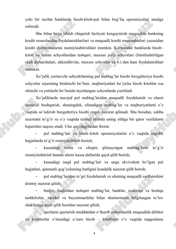 rtmachilar bilan shartnomada belgilangan to’lov shakllariga amal qilib borishni nazorat qilish; · qarzlarni qaytarish muddatidan o’tkazib yubormaslik maqsadida debitor va kreditorlar o’rtasidagi o’zaro hisob – kitoblarni o’z vaqtida taqqoslama dalolatnomalar bilan rasmiylashtirish hamda uni so’ndirish bo’yicha chora-tadbirlar ko’rish; · xo’jalikning pul mablag’lari harakatini oldindan prognozlash va pul oqimini me’yorlashtirish bo’yicha tegishli tadbirlar ishlab chiqishda iboratdir. korxonaning kassasi buxgalteriya aparatining tarkibida bo’lib, unga naqd pul mablag’lari va boshqa qimmatliklar (qimmatli qog’ozlar, pulli hujjatlar, pochta markalari va boshqa) ni qabul qilish, berish hamda saqlash operatsiyalarini amalga oshirish majburiyati yuklatilgan. pul mablag’larining butligi, kassa operatsiyalarini bajarish bo’yicha moddiy javobgarlik korxona rahbari tomonidan tayinlanadigan kassirga biriktirilgan. kassa operatsiyalarini yuritish amaldagi qoidaga ko’ra tartibga solinadi. kassada kechiktirib bo’lmaydigan xarajatlarni qoplash uchun zarur bo’lgan belgilangan limit doirasida qoldiq bo’lishi mumkin. belgilangan limitdan ortiqcha naqd pul kassada faqat ish haqi, pensiya, nafaqa, stipendiya berish kunlari, bank muassasasidan pul olingan kun ham qo’shilgan holda, uch kun ichida saqlanishi …