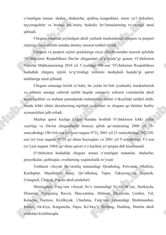 iyak, chashma, farg‘ona tumanidagi shohimardon, iordan, ak-kiya, kurgancha, oqsu, ko‘kko‘l, sholang, dashloq, dutoba aholi punktlari kiritilmoqda. surxondaryo viloyati hududida chegara zonasi o‘rnatilgan tuman, shahar, shaharcha, qishloq kengashlari, temir yo‘l bekatlari, tayyoragohlar va ma’muriy-hududiy bo‘linmalar ro‘yxati: muzrobod tumani – qorakamar, boldir, navbahor, obodon, sho‘rob, beshqo‘tan, xalqobod, muzrobod, guliston qishloq kengashlari, boldir temir yo‘l bekati hududlari; sherobod tumani – zarabog‘, yangiturmush qishloq kengashlari hududlari; termiz tumani – termiz shahri, uchqizil shaharchasi, termiz tayyoragohi, sherobod, termiz, uchqizil, novshahar, g‘alaba, amuzang temir yo‘l bekatlari, pattakesar, paxtaobod, yangiariq, xotinrobot qishloq kengashlari hududlari; angor tumani – angor shaharchasi, do‘stlik, navoiy, kayram, zang, istiqlol, yangiobod, tallimaron – qishloq kengashlari hududlari; sariosiyo tumani – xufar, sufiyon, sariosiyo, o‘zbekiston, toqchiyon, dashnobod, bo‘ston, navro‘z qishloq kengashlari hududlari; uzun tumani – telpakchinor, jonchekka, oqostona, fayzova, bobotog‘, xondiza, uzun qishloq kengashlari hududlari; denov tumani – goszemzapas hududi; sho‘rchi tumani – sohibkor qishloq kengashi hududi; qumqo‘rg‘on tumani – oqqapchig‘ay qishloq kengashi hududi; jarqo‘rg‘on …