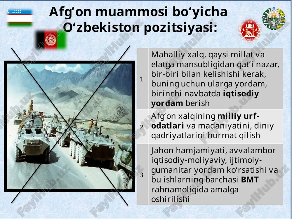 -mozori-sharif temir yo'li qurib bitkazildi. mazkur loyihaning ob'ektlaridagi qurilish-montaj ishlari «o'zbekiston temir yo'llari» davlat aktsionerlik kompaniyasi tomonidan amalga oshirildi. o'zbekiston bundan keyin ham afg'onistonda temir yo'l aloqasini rivojlantirish zarur deb hisoblaydi. bu janubiy dengizlar portlariga transafg'on yo'lini ochish imkonini beradi va afg'onistonni rivojlantirishga xizmat qiladi. o'zbekistonning afg'onistonga yordami markaziy osiyoda yadro qurolidan xoli hudud tuzish tashabbusi shartnomaning imzolanishi o'zbekistonning, mamlakatimiz rahbarining tashqi siyosiy tashabbuslari mintaqada va butun dunyoda tinchlik va xavfsizlikni saqlash yo'lida muhim rol egallayotganining yorqin dalili bo'ldi. ushbu hujjat barcha beshta markaziy osiyo davlatlarini o'z ichiga oluvchi xavfsizlik sohasidagi birinchi ko'p tomonlama bitim bo'ldi. asosiy adabiyotlar i.a.karimov. o’zbekiston: milliy istiqlol, iqtisod, siyosat, mafkura. asarlar. t.1. –t.: o’zbekiston, 1996, 76-85 betlar. i.a.karimov. bizdan ozod va obod vatan qolsin. asarlar. t.2. –t.: o’zbekiston, 1996. e.ahmedova, r.gabidulin. kulturologiya. –t., 2001. mustaqillik. ilmiy-ommabop lug’at. –t., 1998. o’zbekiston san’ati (1991-2001 yillar). –t.: sharq, 2001. qo’shimcha adabiyotlar a.aliev. ma’naviyat, qadriyat va badiiyat. –t.: akademiya, …