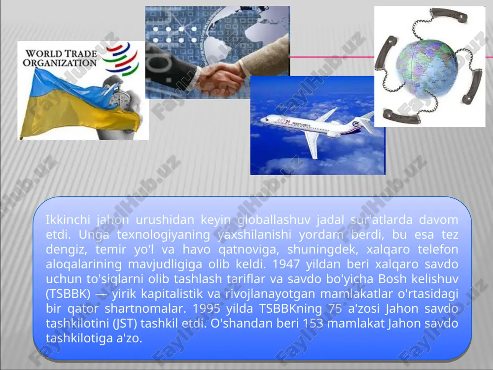 ng navbatdagi tahdidi malakali va kam malakali ishchilarning ish haqi darajasidagi tafovutning sezilarli darajada oshishi va ishsizlikning ko'payishi bilan bog'liq. to'rtinchi tahdid sifatida, ishchi kuchi yuqori bo'lgan mamlakatlar firmalarining ishlab chiqarish quvvatlarining bir qismini ish haqi past bo'lgan mamlakatlarga o'tkazishlari qayd etilgan. beshinchi tahdid ishchi kuchining harakatchanligi bilan bog'liq. global iqtisodiyot mamlakatlar iqtisodiyotiga qanday ta'sir qiladi? bu savol bir nechta javoblarni berishi mumkin : 1) mamlakatlar iqtisodiyoti yaxshi tomonga o'zgarmoqda (yaim o'sishi, aholi daromadlari, investitsiyalar, ishsizlik va inflyatsiyaning pasayishi). bunga misol evropa ittifoqi mamlakatlari bo'lishi mumkin; 2) mamlakatlar iqtisodiyoti o'zgarmaydi (globallashuv tendentsiyalari mamlakatdagi doimiy vaziyatga ta'sir qilmaydi). misol-yaponiya; 3) mamlakatlar iqtisodiyoti yomon tomonga o'zgarmoqda (yaim pasayishi, aholi daromadlari, inflyatsiya va ishsizlikning kuchayishi). bu erda bozor iqtisodiyotiga o'tishni boshlagan mamlakatlar, shuningdek afrika mamlakatlari misol bo'la oladi. globallashuv o'zining chuqur iqtisodiy, texnologik va ijtimoiy o'zgarishlari bilan, shubhasiz, global ekotizimga ta'sir qiladi. va bu umuminsoniy xavfsizlikning odatiy muammosi. hozirgacha rivojlangan davlatlar atrof-muhitga etkazilgan …