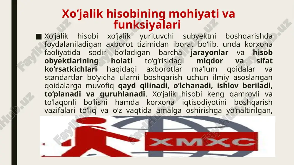 uyidagilardan iborat buxgalteriya hisobi schotlarida aktivlarning holati va harakati, mulkiy huquqlar va majburiyatlarning holati to‘g‘risida to‘liq va ishonchli axborotlarni shakllantirish; samarali boshqaruv maqsadida buxgalteriya hisobi ma’lumotlarini umumlashtirish; moliyaviy soliqqa doir va boshqa hisobotlarni tuzishdan iborat. hisob yuritishga talablar xo‘jalik muomalalarini hujjatlar bilan rasmiylashtirish, hisob ko‘rsatkichlarining reja ko‘rsatkichlari bilan taqqoslanuvchanligi, to‘liqlik, o‘z vaqtidalik, aniqlik, muhimlik, bir-biriga zid bo‘lmaslik, tushunarlilik va soddalik, tejamlilik va oqilonalik. buxgalteriya hisobi to‘g‘risidagi qonunning 3-moddasiga muvofiq buxgalteriya hisobining asosiy tamoyillari quyidagilar: uzluksizlik; ishonchlilik; qiyoslanuvchanlik. 6-modda. buxgalteriya hisobi subyektlari davlat hokimiyati va boshqaruvi organlari, o‘zbekiston respublikasida ro‘yxatga olingan yuridik shaxslar, ularning o‘zbekiston respublikasi hududida hamda undan tashqarida joylashgan sho’ba korxonalari, vakolatxonalari, filiallari va boshqa tarkibiy bo‘linmalari buxgalteriya hisobi subyektlaridir. 7-modda. buxgalteriya hisobi obyektlari aktivlar, majburiyatlar, xususiy kapital, zaxiralar, daromadlar, xarajatlar, foyda, zararlar va ularning harakati bilan bog‘liq xo‘jalik operatsiyalari buxgalteriya hisobining obyektlaridir. buxgalteriya hisobi obyektlari sintetik va analitik hisoblarda yuritiladi. iqtisodiyotimizga bozor munosabatlarining kirib kelishi, jahonda xalqaro integratsiyaning …