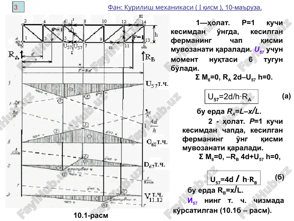 gan elemen-tlaridagi zo'riqishlarning ta'-sir chiziqlarini quramiz (hara-kat pastdan). o68ning t.ch. (i–kategoriya) 10.4 b – rasmdagi asosiy ferma ќo'riladi, ferma chap qismining muvozanati qaraladi. σm5= ra∙2d+o68∙h = 0. o68=-ra 2d/h o68 ning t. ch. 9,4 g– rasmda ќo'rsatildi d6’ 7 ning t. ch. (ii – kategoriya). d6’ 7 ning ta'sir chizig'i 10.4d–rasmda ko'rsatildi. d56’ ning t. ch. (iii– kategoriya). d56’ ning ta'sir chizig'i 10.4e – rasmda ko'rsatildi. 10 fan: kurilish mexanikasi ( i qism ), 10-ma'ruza. chap o'ng σ m5 = –rb∙4d - o68∙h = 0; σ y=0, σ y=0, ra+d56’∙sin α=0, 10.4 – rasm 11 fan: kurilish mexanikasi ( i qism ), 10-ma'ruza. v56 ning t. ch.(10.5-rasm) iv – kategoriya elementi. avval harakat pastdan, keyin harakat yuqoridan bo'lgan xol uchun asosiy fermadan t. ch. chizamiz. bu t. ch. foydalanib berilgan fermaning v56 zo'riqishni t. ch. chizamiz. 1.harakat pastdan. i–i tekislikni o'tkazamiz, kesilgan fermaning chap bo'lagini muvoza-natini qaraymiz. a) r=1 kuchi …