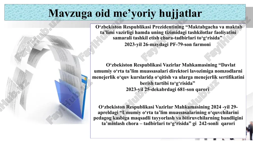 ish zarur. maktab direktori avvalo menejerlik sertifikatga ega bo’lish kerak. biroq direktor o‘rinbosarlarini ishga olish va faoliyatini baholash tizimli tashkil etilmagan. angliyada maktab rahbarlari, asosan, o‘qituvchilar sifatida boshlashadi. o‘qituvchilarni tayyorlash tizimi bir necha bosqichdan iborat bo‘lib, bu bosqichlarda ular pedagogik bilimlarni chuqurlashtiradilar. o‘qituvchilik malakalarini olishdan keyin, ular rahbarlikka tayyorlanishadi. maktab rahbarlarini amaliy tajriba va boshqaruv ko‘nikmalarini rivojlantirish uchun tizimli dasturlarni ishlab chiqish va amalga oshirish zarur. mavzu yuzasidan umumiy xulosa maktab ma’muriyati kadrlar zaxirasini shakllantirish maktabning uzoq muddatli rivojlanishi uchun muhim strategik qadamdir. salohiyatli, tashabbuskor, zamonaviy bilimlarga ega, pedagogik-psixologik jihatdan mukammal, jamoa bilan do‘stona munosabat o‘rnata oladigan kadrlar zaxirasini yaratish asosiy prinsipga aylanishi shart, zero shunday kadrlar maktabning rivojlanish kalitini ta’minlaydi. takliflar maktab maʼmuriyati kadrlar zaxirasini shakllantirish bo‘yicha aniq va tizimli reja tuzish, bu reja kadrlarni tanlash, ularni tayyorlash va monitoring qilish jarayonlarini o‘z ichiga oladi. boshqa maktablar bilan doimiy hamkorlikni o‘rnatish va tajriba almashishni tizimli ravishda yo‘lga qo‘yish. nomzod …