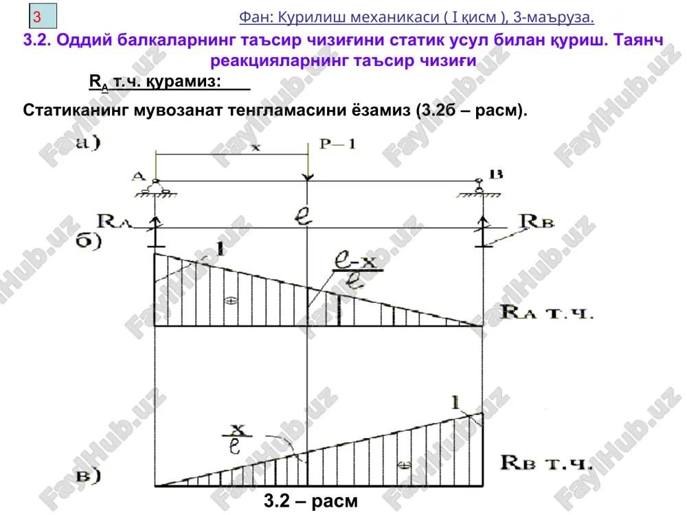 . taralgan yuk uzunligini elementar dx bo'lakchalariga bo'lamiz. ularni elementar to'plangan kuch q(x)dx orqali ifodalaymiz. u xolda elementar zo'riqish: ds=q(x)dxy=q(x)dω; (a) dω – elementar yuza. 9 fan: kurilish mexanikasi ( i qism ), 3-ma'ruza. hamma taralgan yukdan hosil bo'lgan zo'riqish mikdorini aniqlash uchun (a) ifodani integrallaymiz: agar q(x)=q=const bo'lsa s=qω (3.2) ω – tekis taralgan yuq qo'yilgan oraliqqa mos keluvchi ta'sir chizig'idan olingan yuza. agar inshootga har-xil intensivlikdagi bir necha tekis taralgan yuk ko'yilgan bo'lsa, u holda kuchlar ta'sirining mustakillik printsipiga asosan s zo'riqishni quyidagicha aniqlash mumkin: (3.3) momentni juft kuchlar bilan almashtiramiz: yoki (3.1) formulasiga asosan: s=-riyi+ri(yi+dyi)=ridyi yoki tgαi – ta'sir chizig'iga o'tkazilgan urinmaning abstsissa o'ki bilan hosil kilgan burchagining tangensi. 10 fan: kurilish mexanikasi ( i qism ), 3-ma'ruza. 3.inshootga juft kuchlar (moment) qo'yilgan bo'lsin (3.8 – rasm). (3.4) agar inshootga to'plangan kuch, tekis taralgan yuk va momentlar ko'yilgan bo'lsa, unda hosil bo'lgan zo'riqishlar mikdori ta'sir chizig'i yordamida …