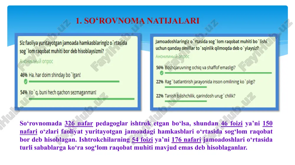 shuning uchun aqsh maktablarida pedagoglar o‘rtasida raqobat o‘z ustida ishlash orqali yaxshi moliyaviy imkoniyatlarga ega bo‘lishda ko‘rinadi. rasmiy bo‘lmagan ijtimoiy aloqalarga kirishish unchalik ham ahamiyatli emas. yaxshi ishlaganligi uchun qimmatbaxo sovg‘lar berish odatiy hol. pedagog xodimlarni yuqori natijaga erishgan (xalq ta’limi a’lochisi, xalqaro olimpiadalar g‘oliblarini tayyorlaganligi uchun) kamunal to‘lovlardan imtiyozlarga ega bo‘lishi, ular o‘rtasida yaxshi natijalar uchun ishlashiga imkon beradi. 3 o‘qituvchilar so‘nggi yillarda pedagoglarga xos bo‘lmagan ishlardan ozod qilindi. tajriba almashish va hamkorlik imkoniyatlari yaratildi shaxsiy transport va benzin bilan ta‘minlanadi, uy-joy xarajatlarini to‘liq yoki qisman qoplanadi. ta’lim tizimida yutuqqa erishgan pedagoglar uchun uy-joy xarajatlarini to‘liq yoki qisman qoplanishi. qiyosiy tahlil xulosa maktabda pedagog xodimlar o‘rtasida sog‘lom raqobat muhitini yaratish, o‘qituvchilarning bilim va mahoratini oshirishga katta hissa qo‘shadi. shu bilan birga, pedagoglar o‘rtasidagi raqobat adolatli, ochiq va ijobiy bo‘lishi kerak, shunda u o‘qituvchilarning motivatsiyasini oshiradi va ularning samarali ishlashiga turtki bo‘ladi. umuman olganda, sog‘lom raqobat muhitini yaratish pedagoglarning rivojlanishiga …
